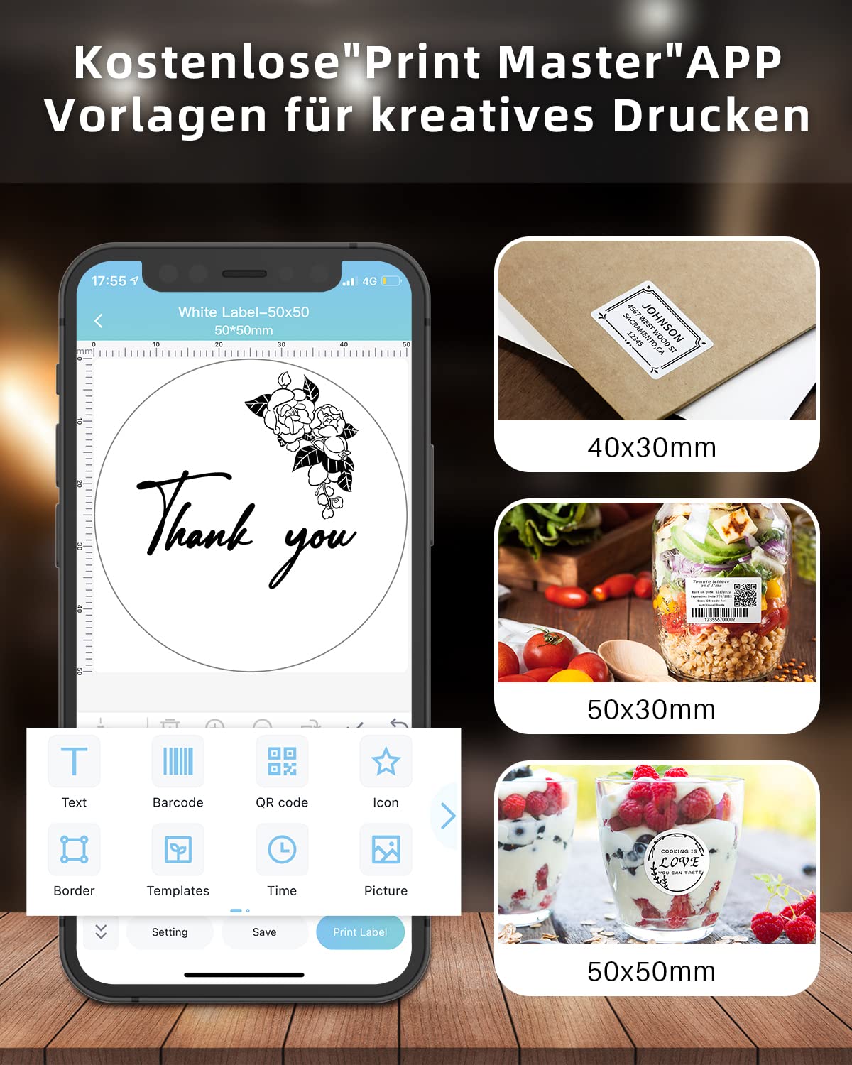 Phomemo M120 Etikettendrucker mit 3 Rollen Etikettenpapier, Bluetooth Thermo Beschriftungsgerät,Tragbare Monochrom Etikettiergerät für kleine Unternehmen, Heimetiketten, for iOS & Android