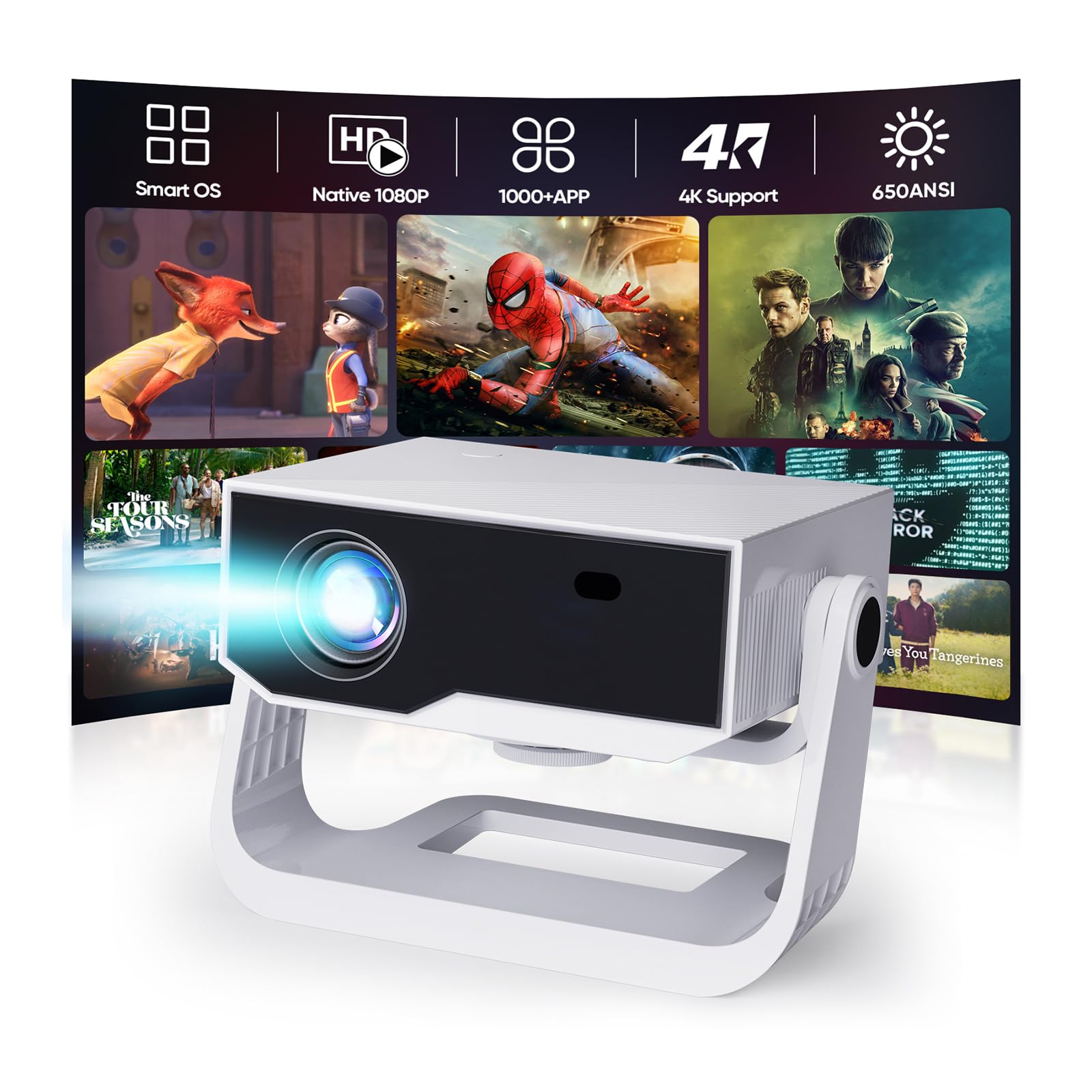 Projector With Wifi And Bluetooth, Built in Apps 4K Support Smart OS Portable Bedroom Projector Native 1080P with 120° Rotation, 20000Lu Auto Keystone & E Focus Movie Mini Proyector for Outdoor Indoor