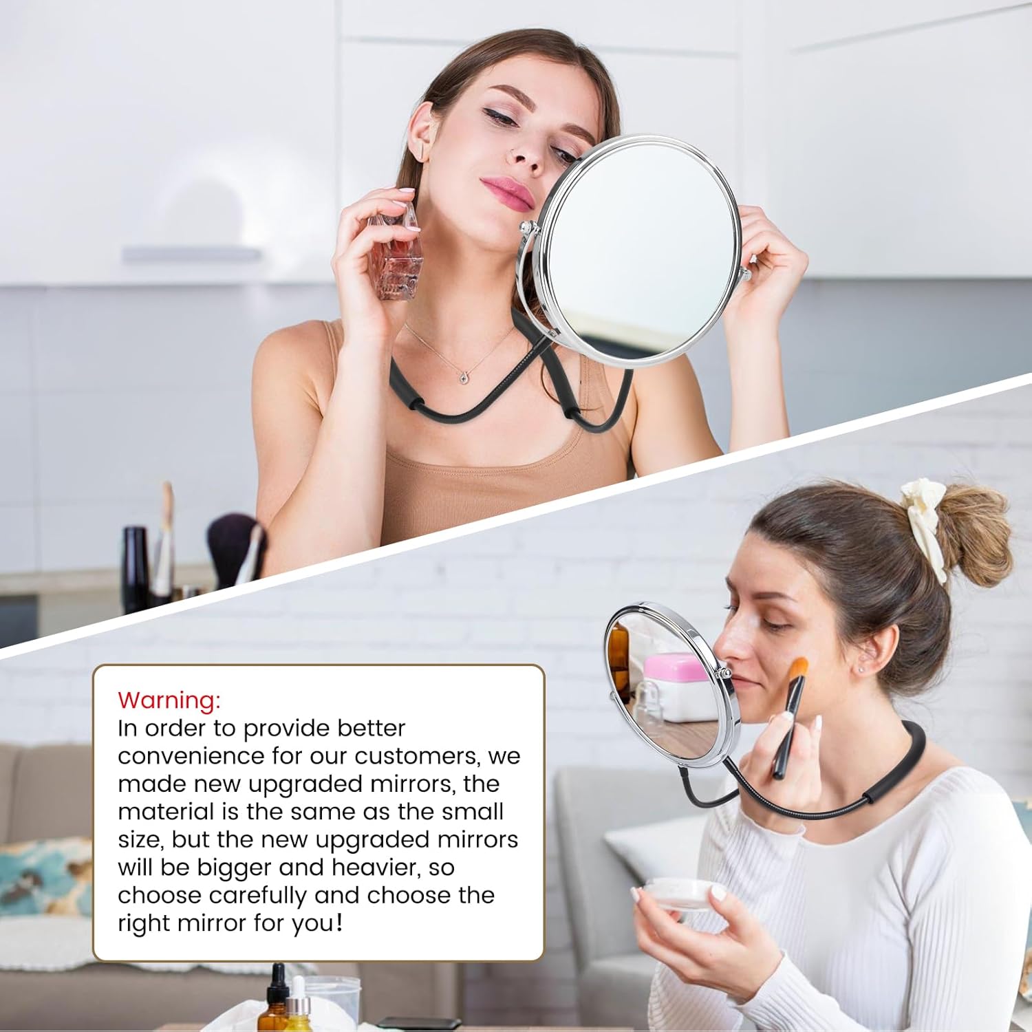 Big Size Double-Sided Mirror to See Back of Head, Hands Free Adjustable Mirror Hung Around The Neck, Two Way for Mirrors Women Man Makeup, Self Haircut, Standard Viewing, 5X Magnification 360° Mirrors