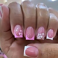 Vista 18 de 24 uñas postizas cortas a presión, color rosa RTKHFZE con diseño de mariposa blanca y diamantes de imitación, uñas postizas cuadradas de cobertura