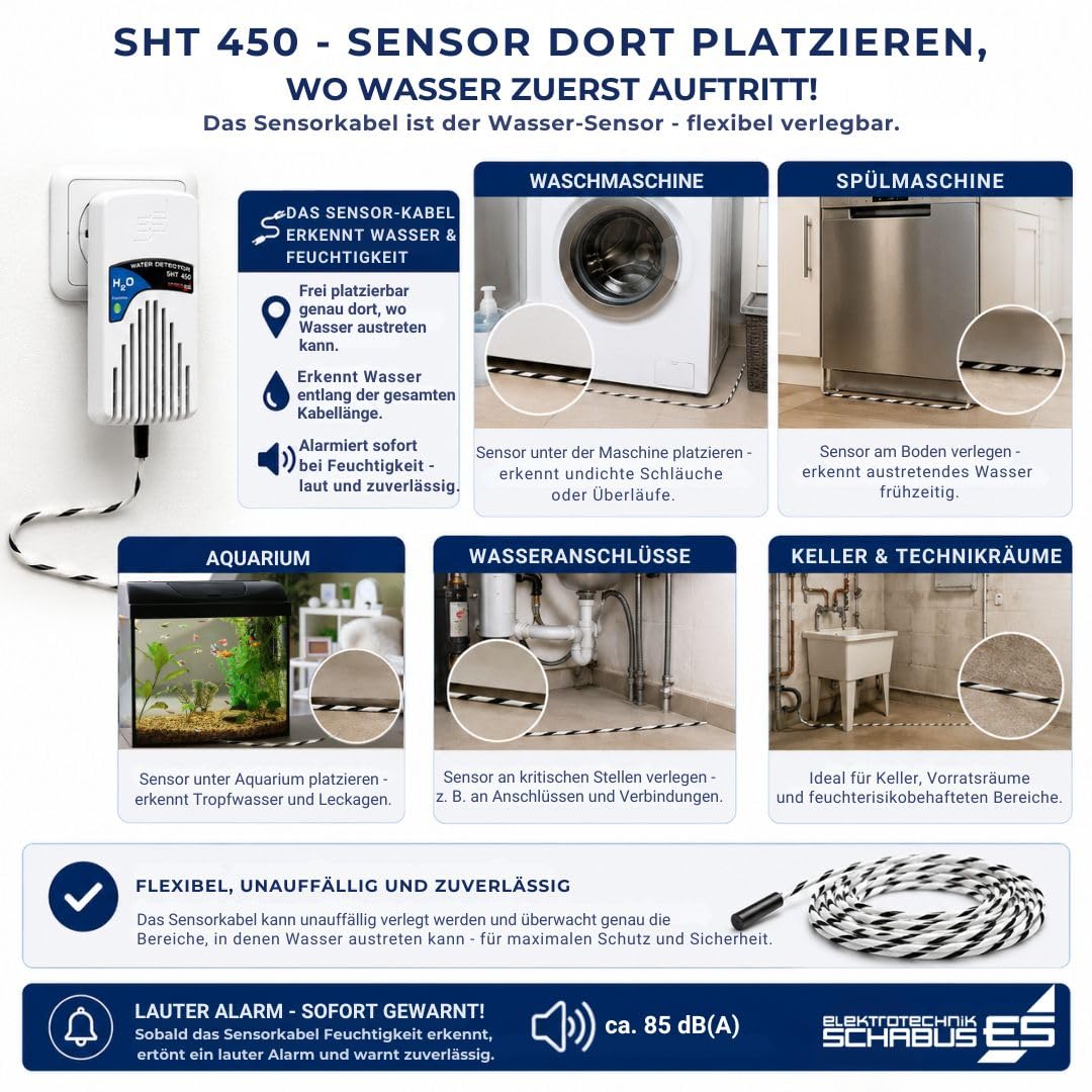 Schabus Wassermelder SHT 450 Plugin-Steckdosengerät 230V mit Sensorkabel | Mit Sensorkabel, Sensorkabellänge 2m, Detektiert an jeder Stelle des Sensorkabels