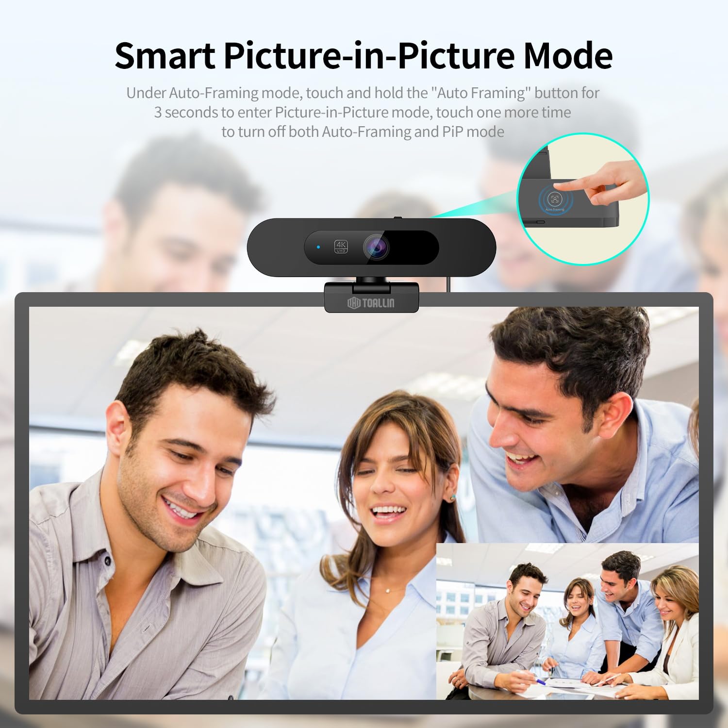 TOALLIN Cámara Web 4K para PC, Autoframing IA, WDR/HDR, Imagen en Imagen, micrófonos duales Integrados, Zoom Digital de 5X, Webcam de 92° para conferencias, Streaming y videollamadas