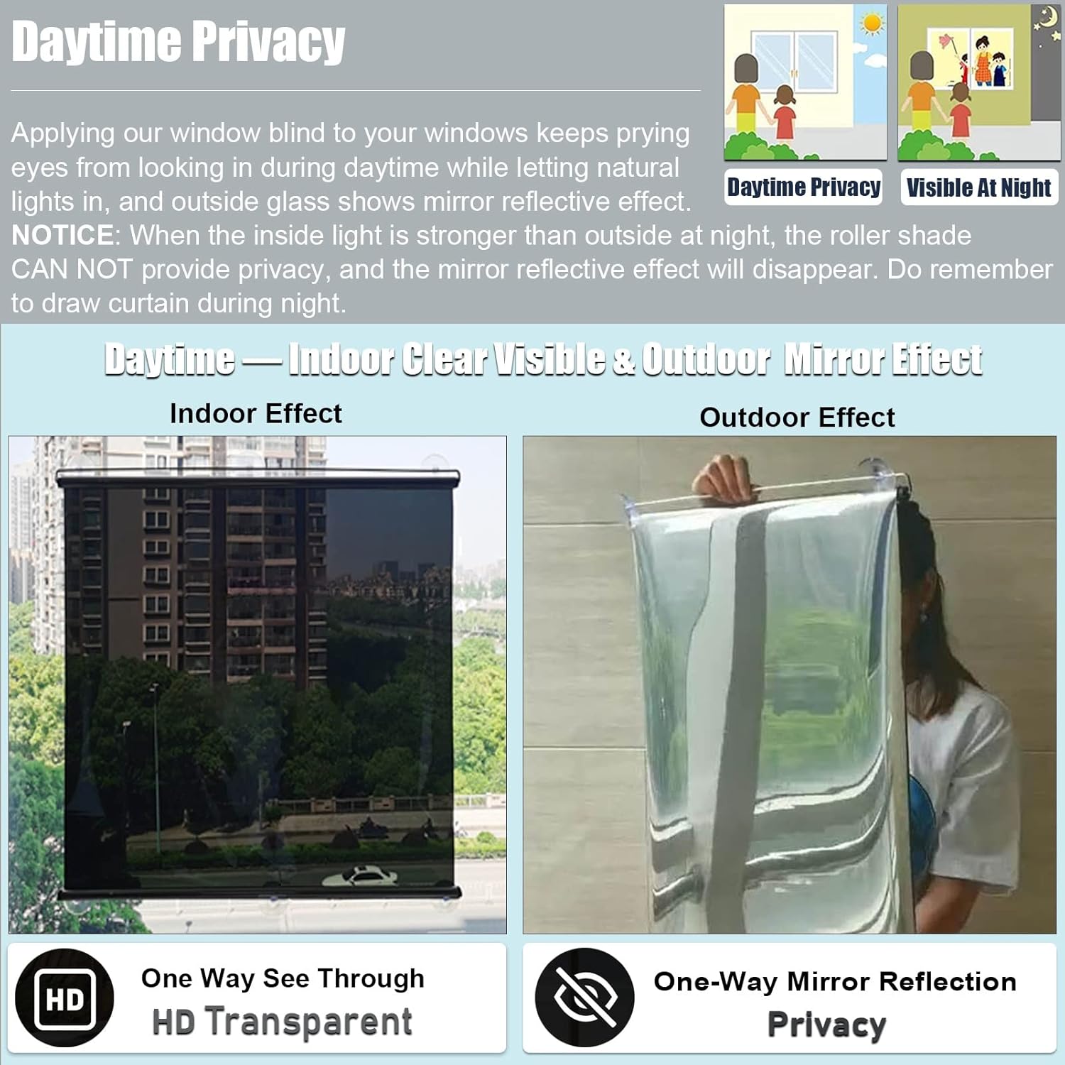 One Way Mirror Roller Blinds - Sun Shades for Glass Doors and Windows, 2 Pcs Punch Free with Suction Cups, Perfect for Office, Living Room, and Shops