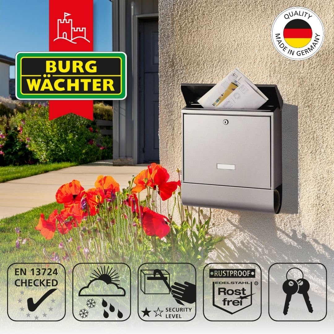 BURG-WÄCHTER Briefkasten mit Zeitungsfach und Namensschild, Rostfreier Edelstahl, Einwurf-Format DIN C4, 2 Schlüssel, AMZ 2500 NI