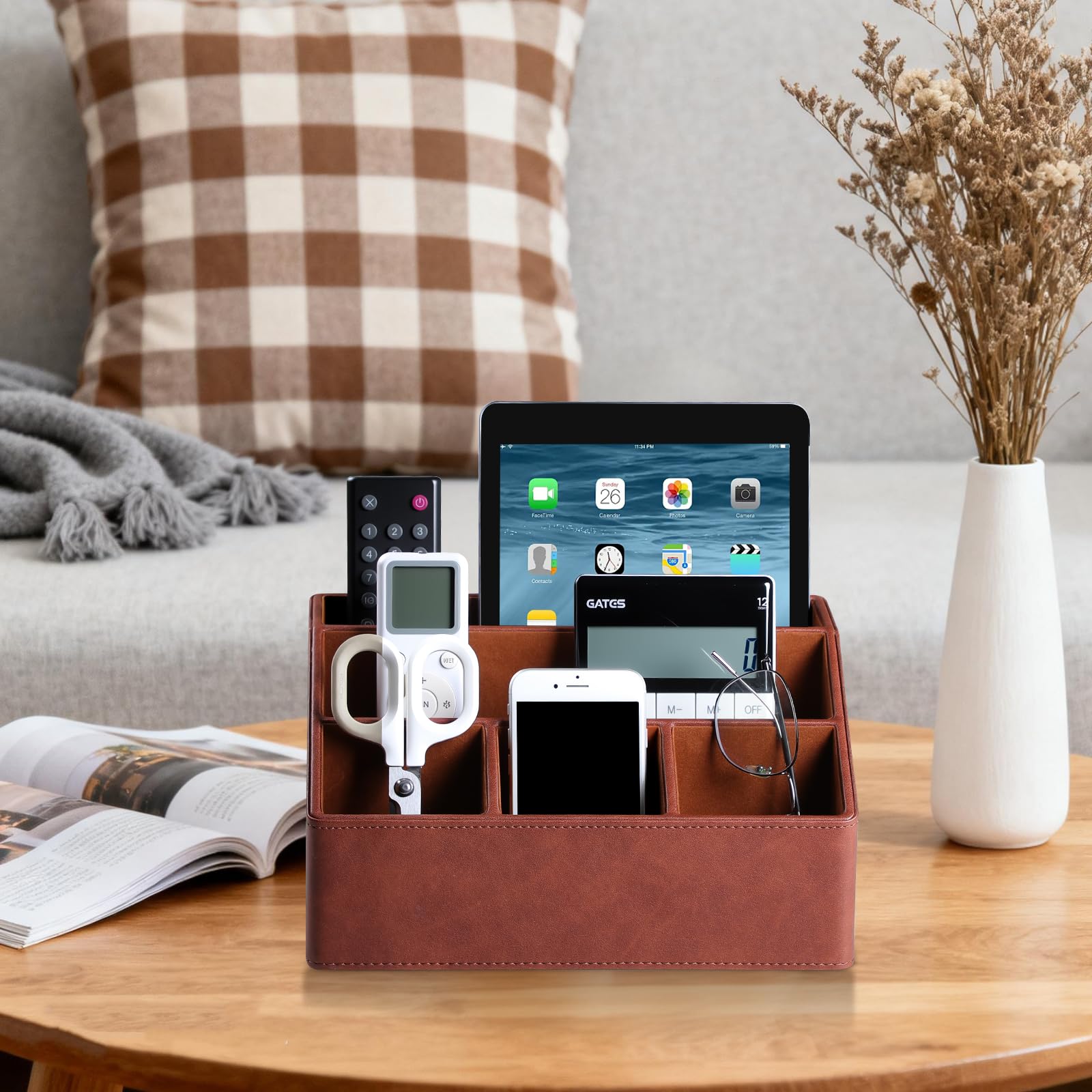 Organizer da scrivania Caddy Comodino Organizer Desk Caddy Remote Holder | Pelle PU, 5 scomparti, fodera in morbido velluto, grande capacità di archiviazione