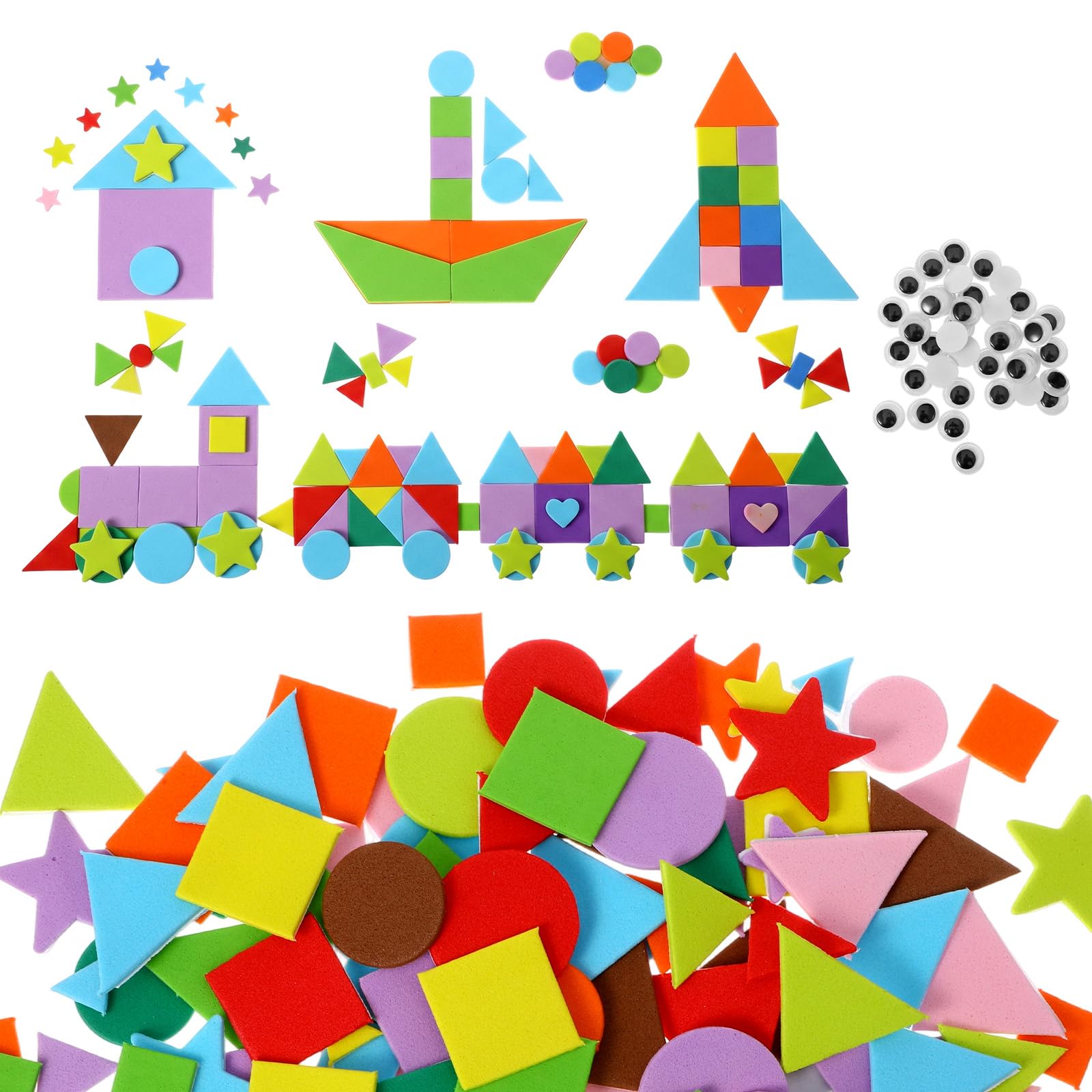 500Pcs Foam Stickers for Kids Adults Crafts Colorful Geometry Foam Shapes Self Adhesive Mini Foams Stickers with Eyes for DIY Art Craft Supplies Greeting Cards Home Decoration Circle Square Shapes