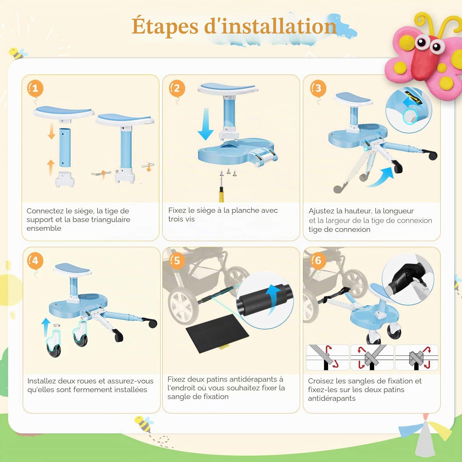 Planche Poussette Universelle Bleu Ciel, Marche Pied Poussette Universelle avec Siège, Compatible 99% des Poussettes, Planche à Roulettes pour Enfants 2-6 Ans (25KG)