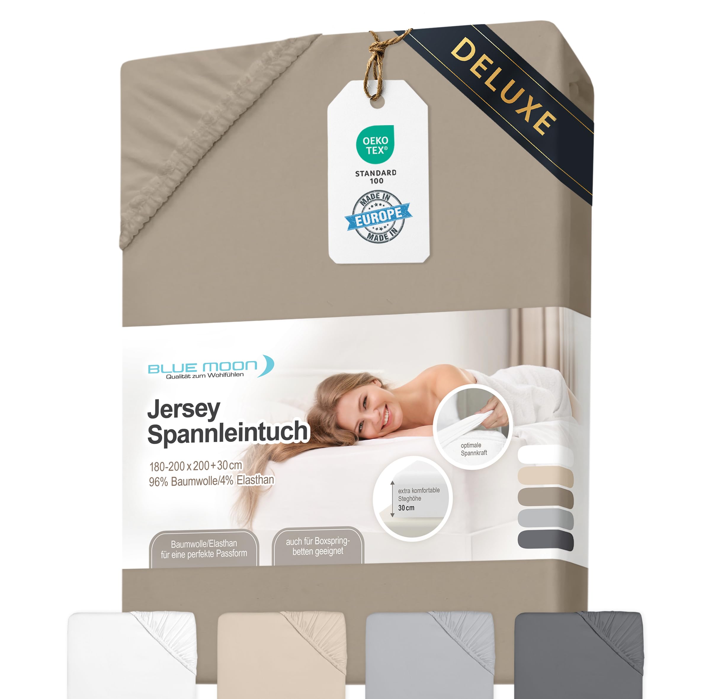 BLUE MOON Luxus Spannbettlaken - Spannbetttuch 180-200x200cm - Jersey - 96% Baumwolle/4% Elasthan - 190 g/m² - 30 cm Steghöhe - rundumgummiert - boxspring-geeignet - Öko-Tex - Made in Europe (Taupe)