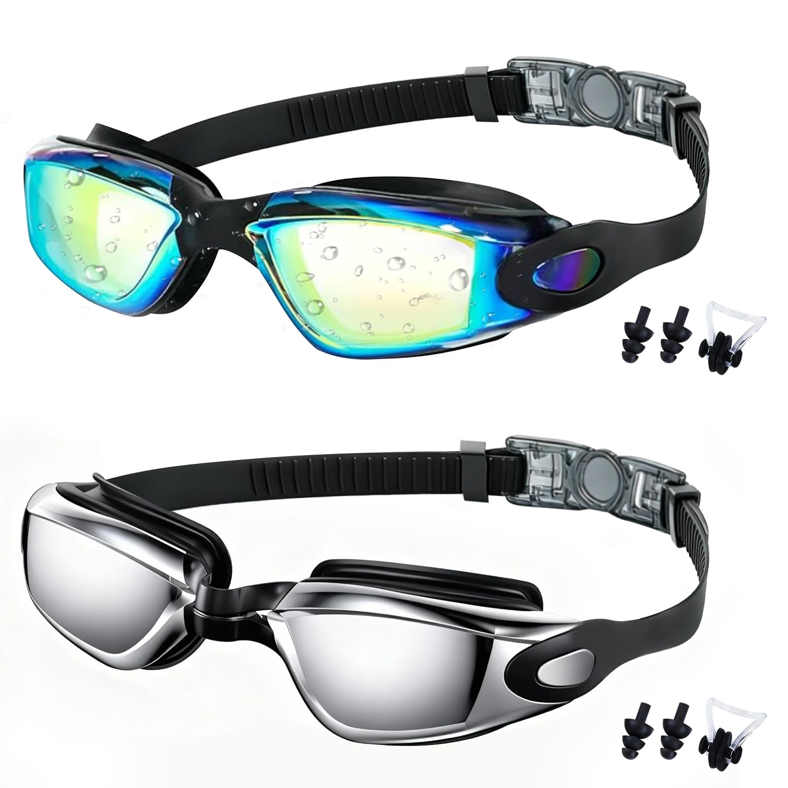 Medsuo Swim Goggles 2 Pack Swimming Goggles Anti Fog No Leaking For Adult Women Men Youth (Blue &Bright Sliver)