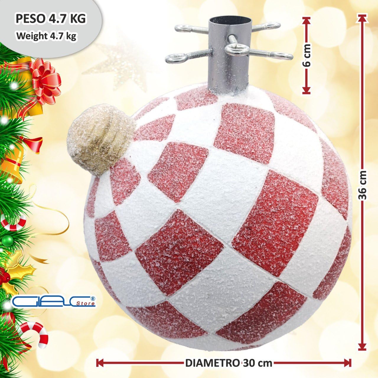 Base per Albero di Natale Sferica, 30 cm Diametro, 35 cm Altezza, Decorativa con Blocco e Viti di Fissaggio, Rosso e Oro (Bianco Rosso)