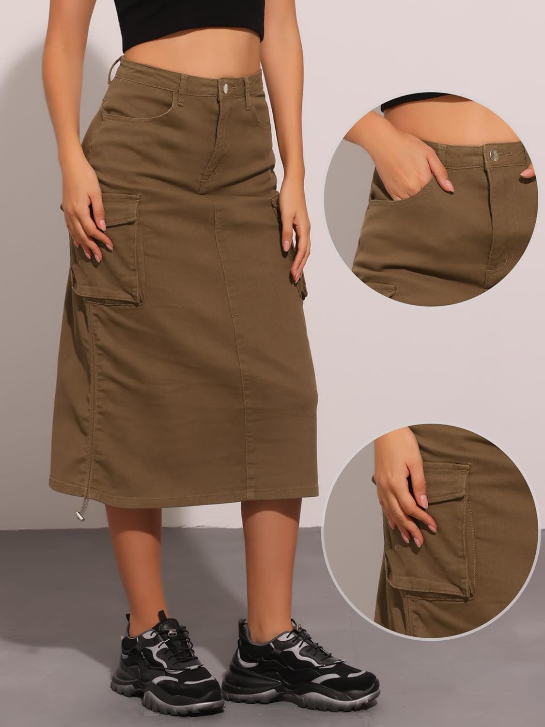 Allegra K Cargo Skirt for Women Y2K Adjustable Back Slit High Waist Casual A-Line Midi Jean Skirt - Image 4