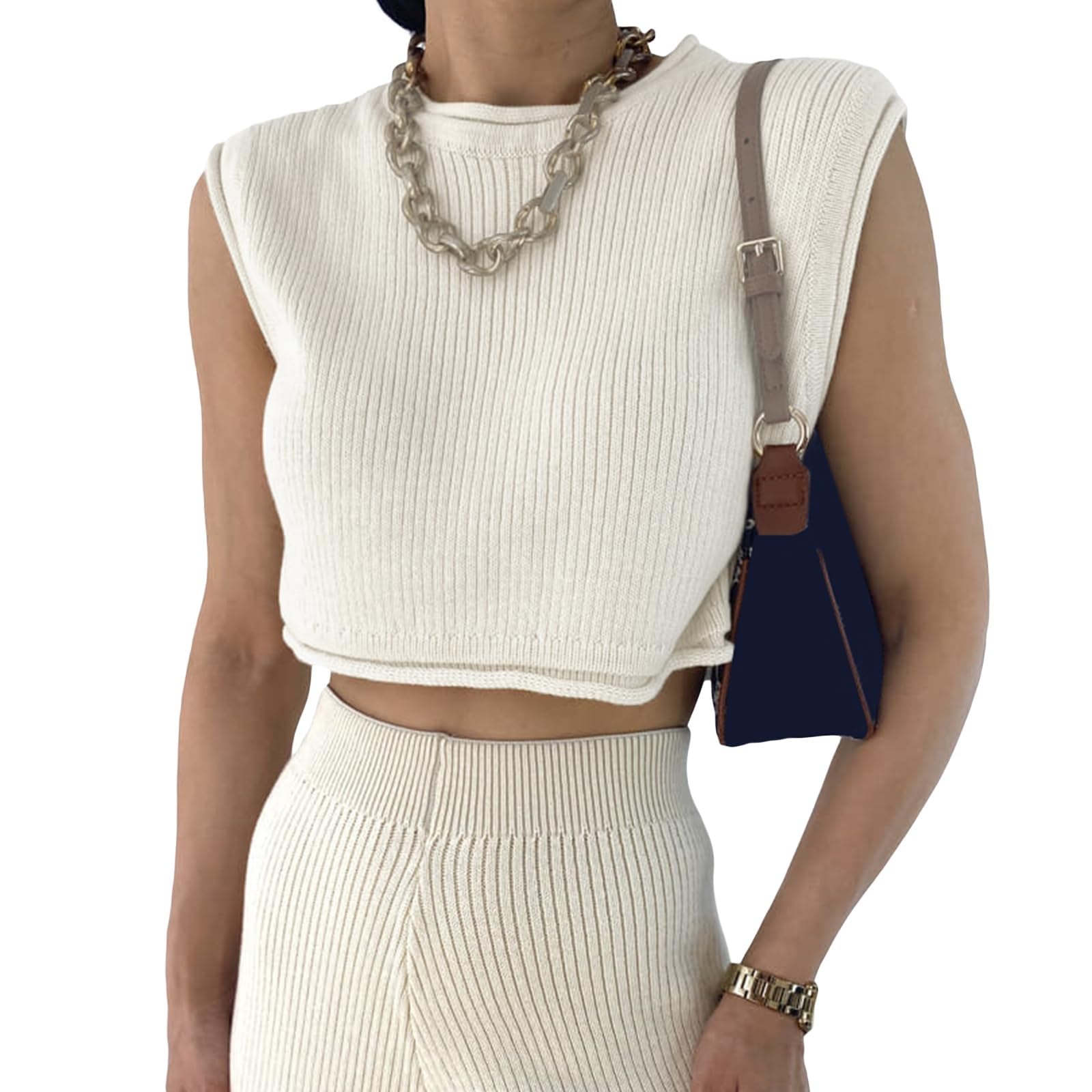 Y2K Pull tricoté sans manches à col rond côtelé pour femme Coupe ample Gilet court nu en tricot sexy sans manches Streetwear
