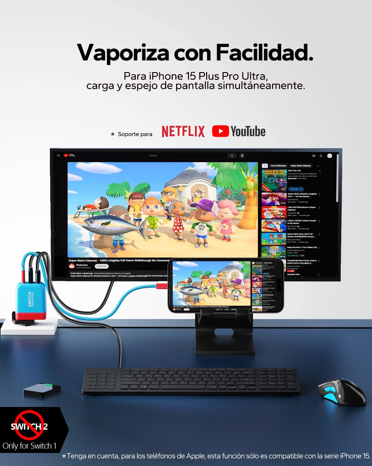 Estación de acoplamiento Switch de 36 W, mini estación portátil para TV, puertos USB-C 4K a 60Hz HD/USB2.0/PD, cable USB-C incluido