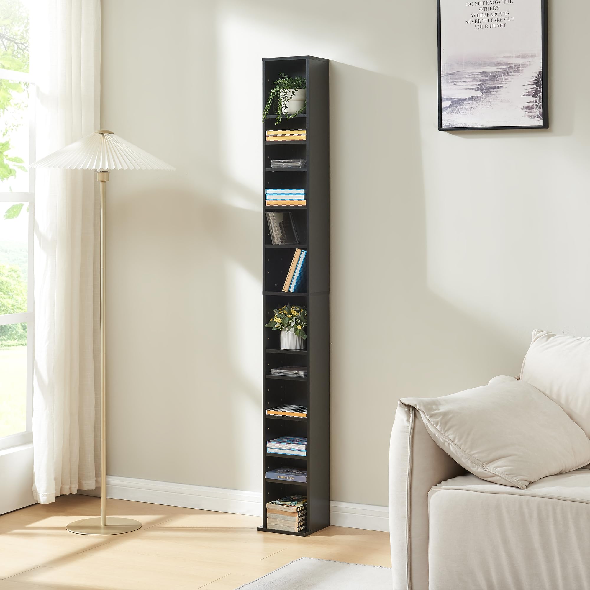 [en.casa] CD Regal Tynset DVD Regal mit 12 Ablagefächern CD Aufbewahrung 175 x 20 x 20 cm Standregal höhenverstellbare Regalböden Schwarz