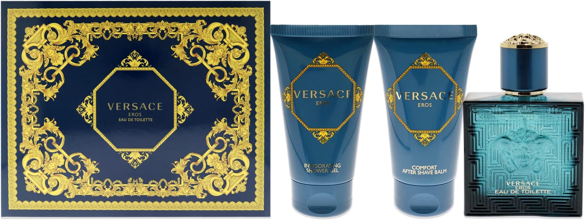 Eros For Men 3 Pc Gift Set - 1.7 oz EDT Spray, Comfort After Shave Balm, Invigorating Shower Gel