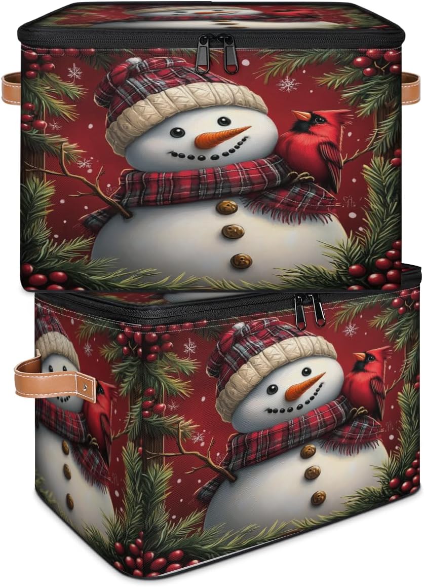Storage Bin Set of 2 Cute Snowman Cardinal Bird Storage Basket with Zipper Lid & Handle Foldable Closet Shelf 2 Pack Cloth Organizer Basket Cube Bins for Bedroom, Nursery