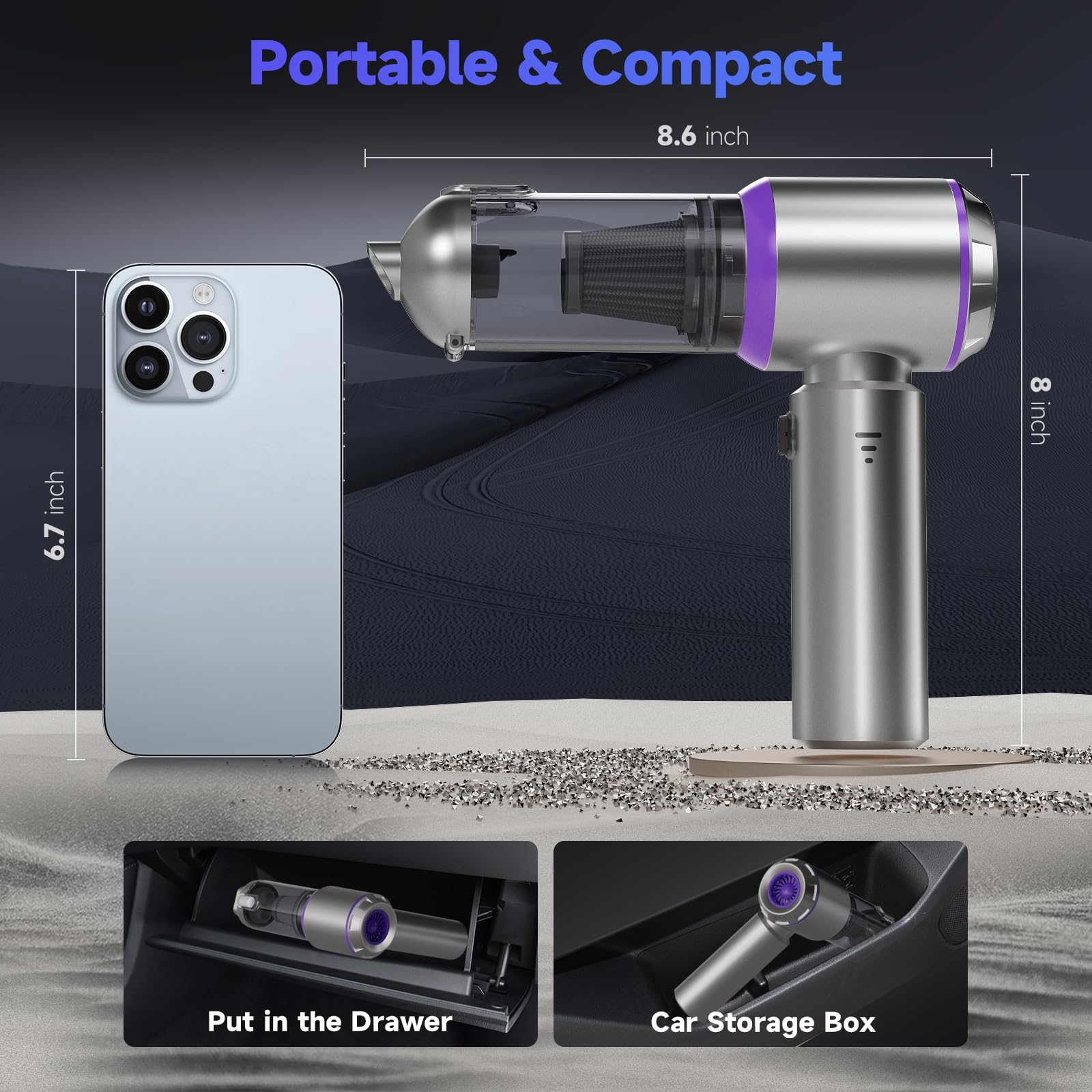 Aspiradora portátil inalámbrica para automóvil, 22000 PA, aspiradora de mano de alta potencia con motor sin escobillas, 11 en 1, mini aspiradora de mano recargable inalámbrica, plumero/soplador/bomba 8