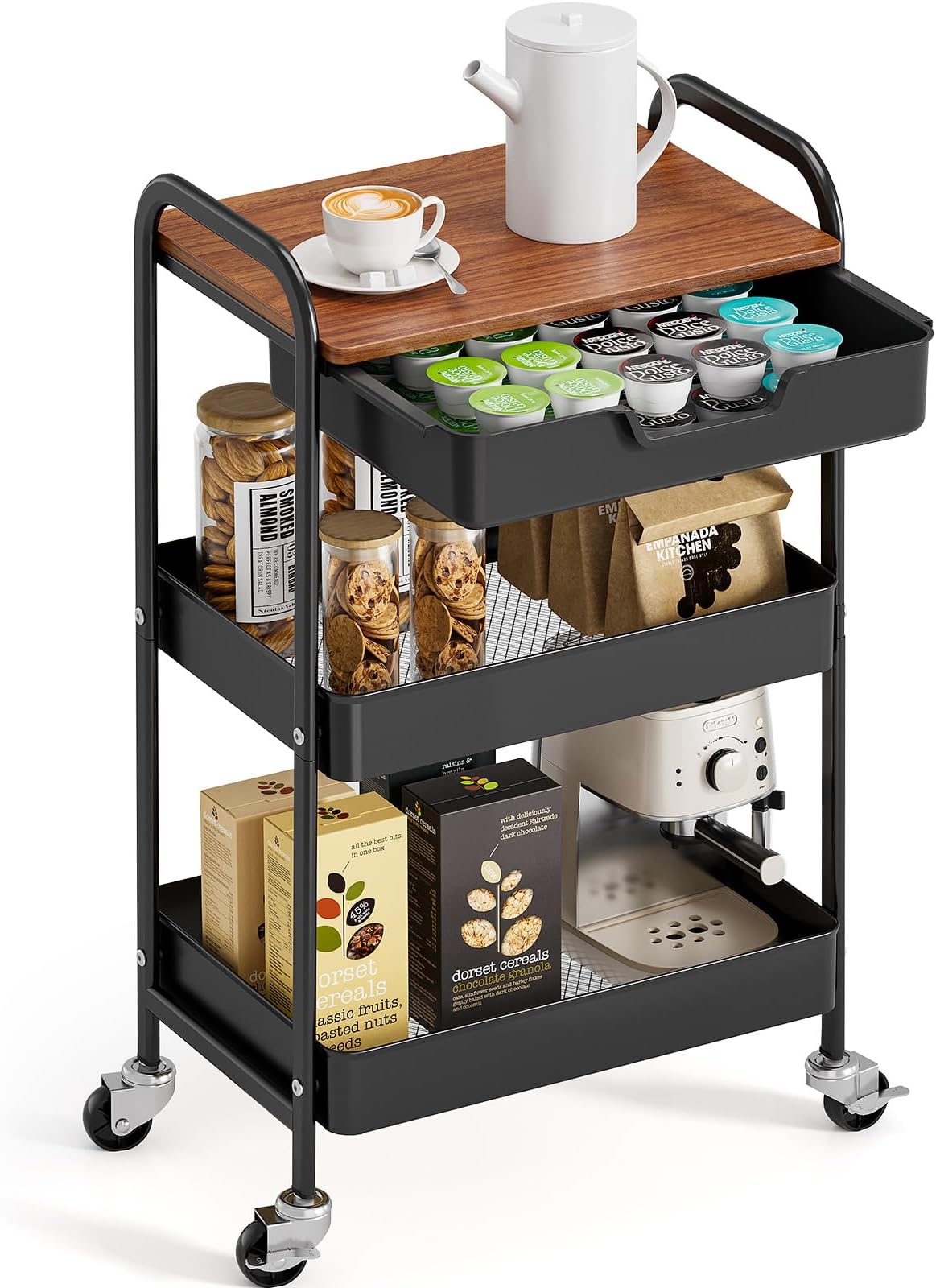 3-Tier Utility Rolling Cart with Wooden Board and Drawer, Metal Storage Cart with Handle, Black Trolley Kitchen Organizer Rolling Desk with Locking Wheels for Office, Classroom, Home, Bedroom