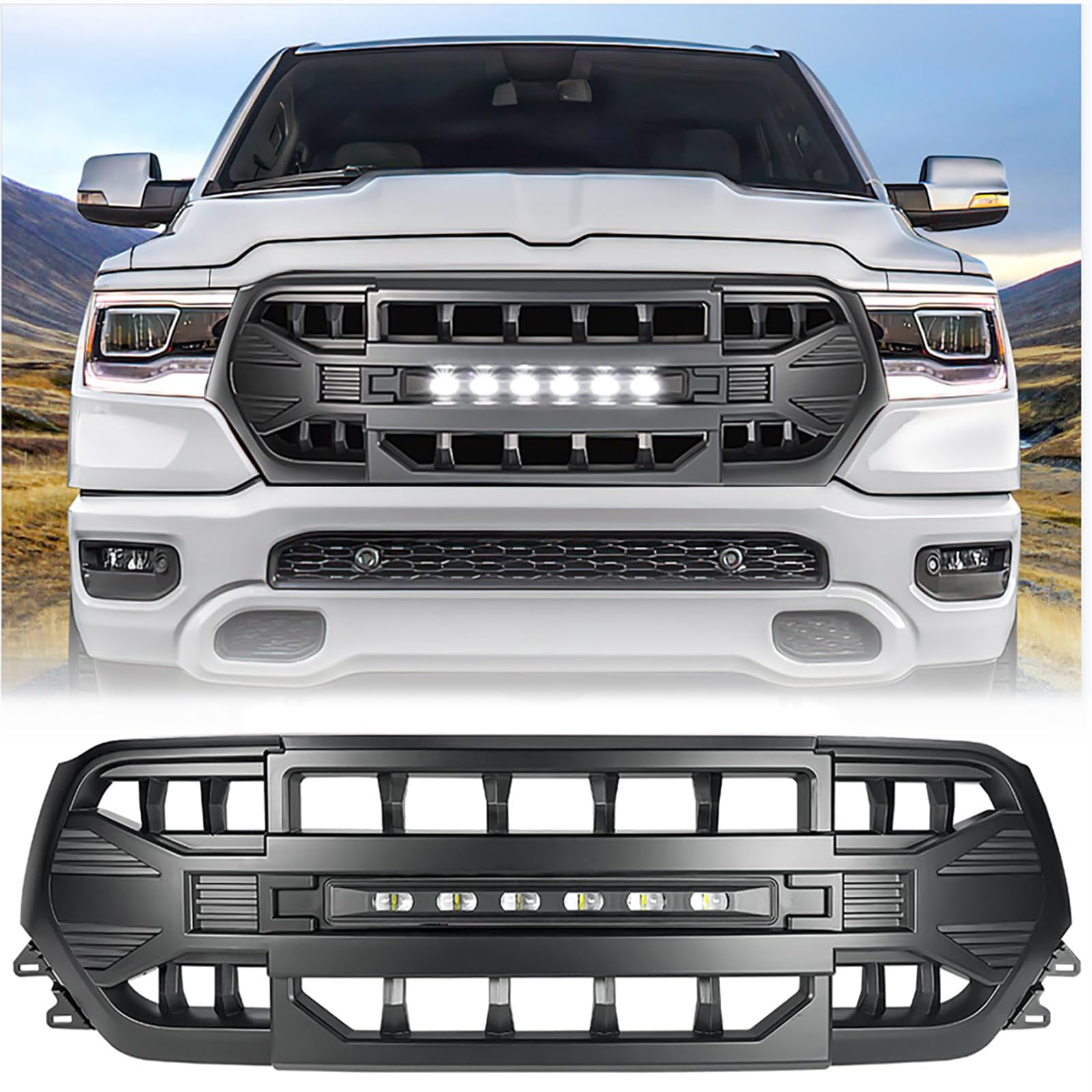 front grille compatible with 2019-2024 dodge ram 1500, front bumper grill w/off-road lights, matte black