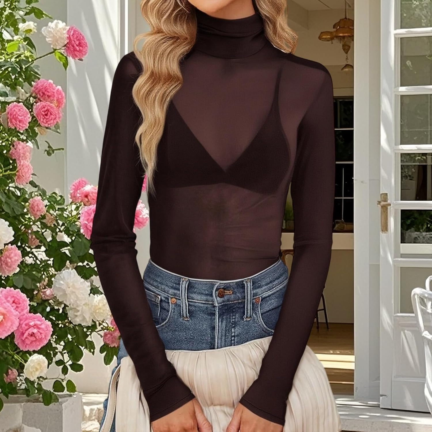 FEORJGP Womens Mesh Long Sleeve Tops Turtleneck See Through Slim Fitted Blouse Sheer Going Out Club Party Fall Tee Shirts - Image 3