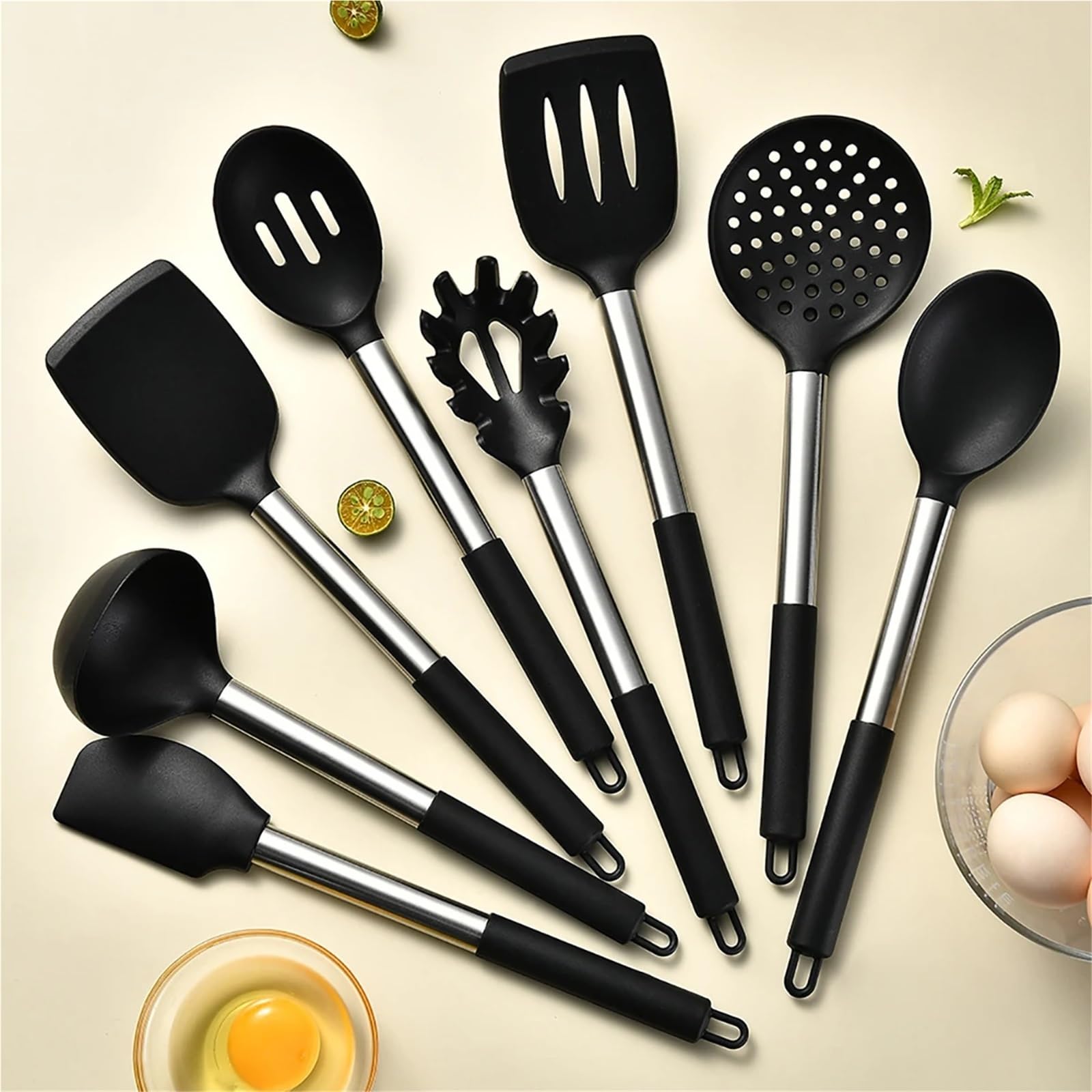 Silikon Küchenhelfer Set 2/4/6/8-teiliges Silikon-Küchengeschirr-Set, Edelstahl, Handschaufel, Suppenlöffel, Spaghetti-Klaue, Kochen(8pcs black)
