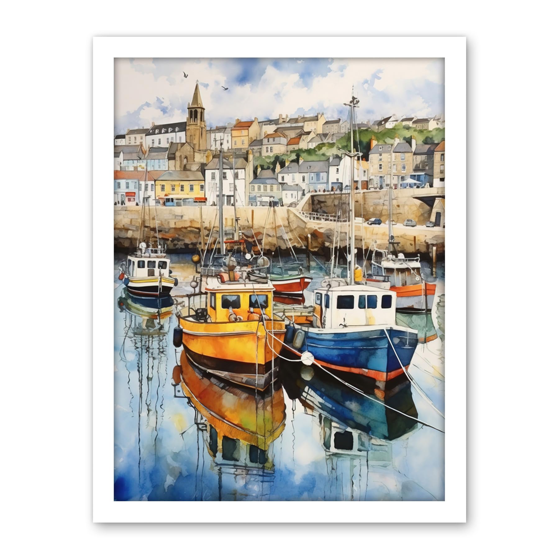 Artery8 Penzance Harbour Trawler Boats Promenade Watercolour Painting Cornwall Coastal Townscape Artwork Framed Wall Art Print 18X24 Inch