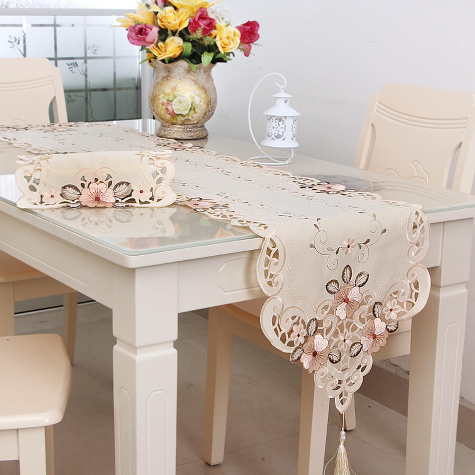 Tischläufer Polyester Landhausstil, Tischläufer Modern 40x176 cm, mit Blumenstickerei