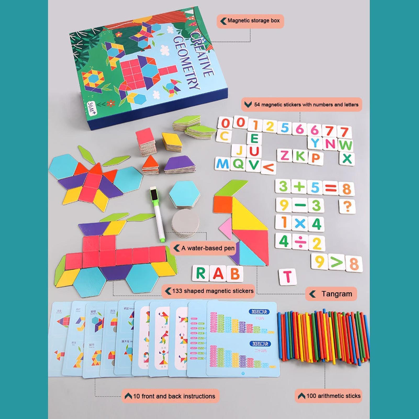 Puzzle Tangram, magnetyczne wzorów Zestaw z matematyki z drewna