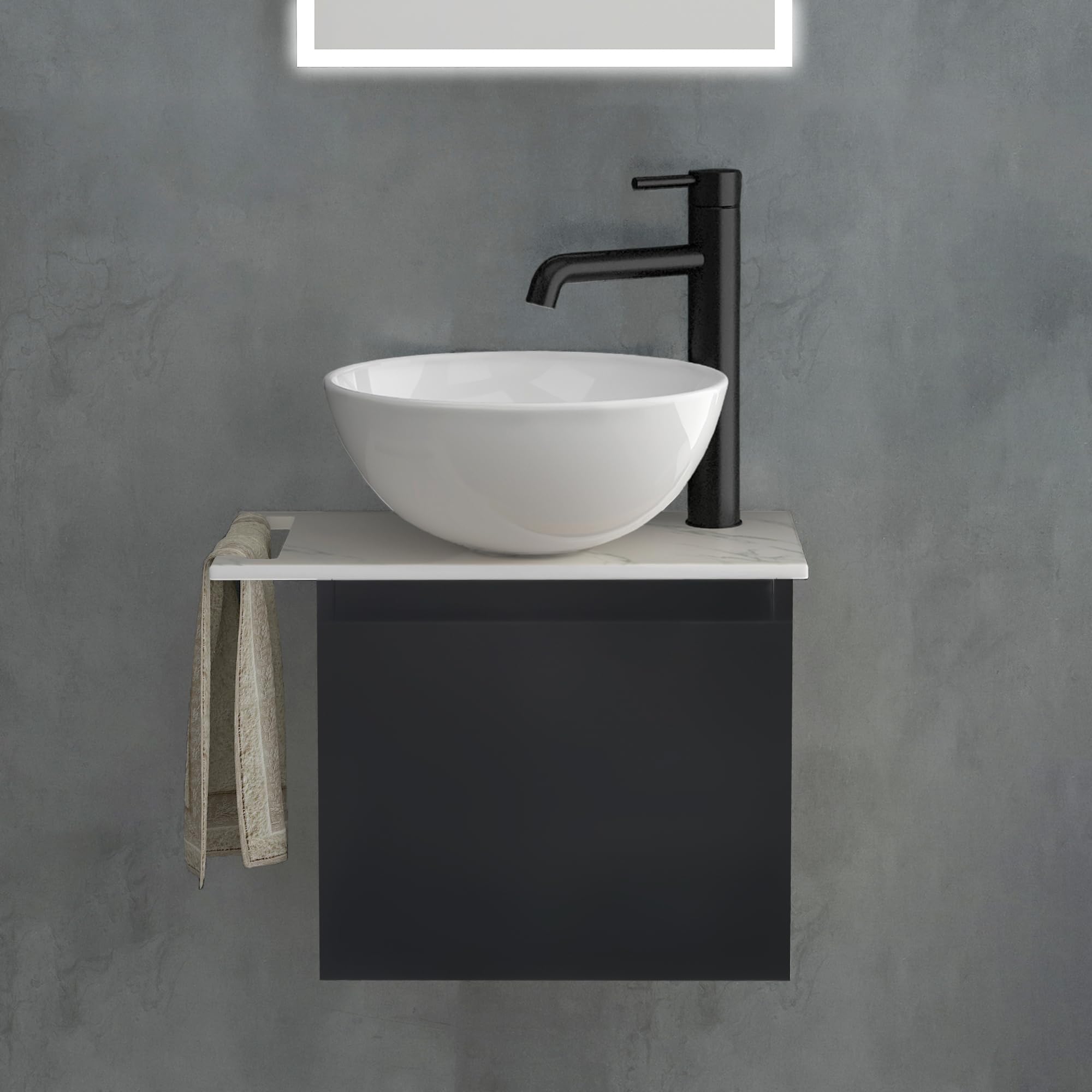 Alpenberger Aufsatzwaschbecken mit Unterschrank Klein, Badmöbel Set Schwarz für Bad & Gäste-WC, kleines rundes Waschbecken mit Waschbeckenunterschrank, Einzelschrank