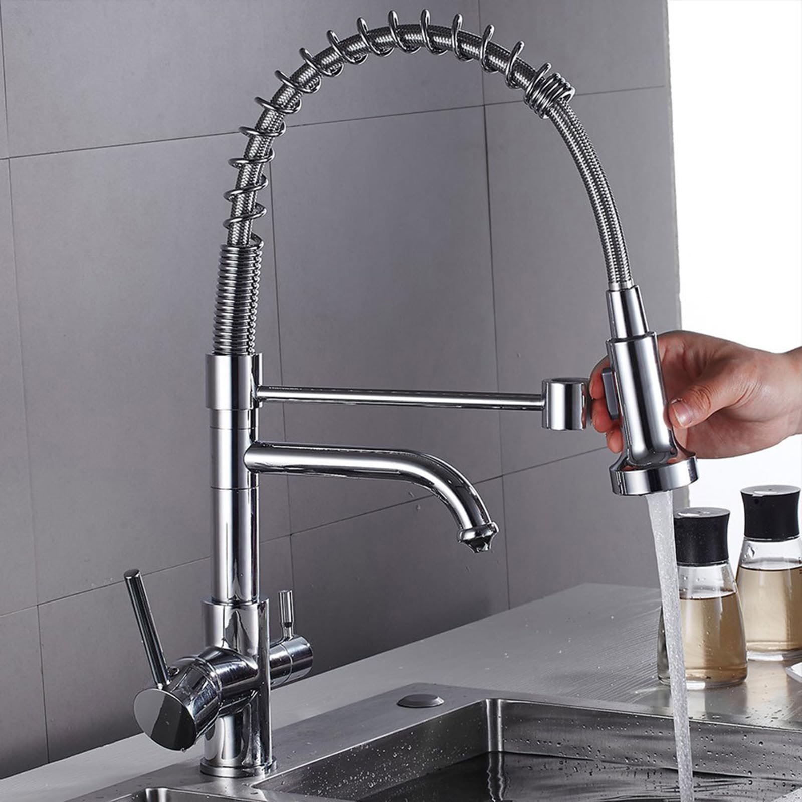 ZYCHSJXA Kitchen Tap Flexible 3 Way Swivel Mixer with 2 Water Outlets and Handles, Brass-Chrome Plated