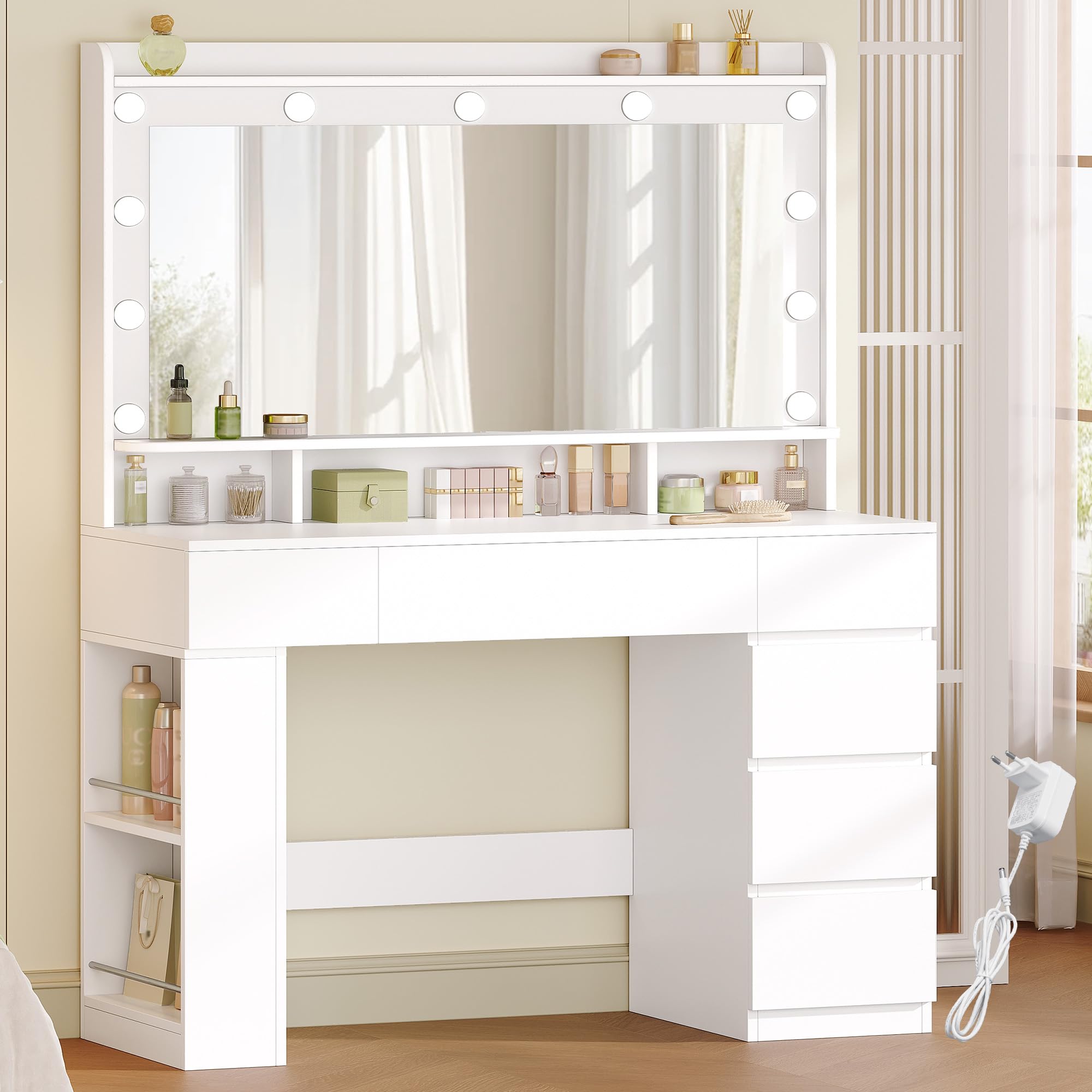 HEXCELEN 108 cm Tocador con Espejo Grande, Tocador de Maquillaje con Luz LED, Mesa de Maquillaje con 6 Cajones y Compartimento de Almacenamiento Lateral Abierto, Blanco