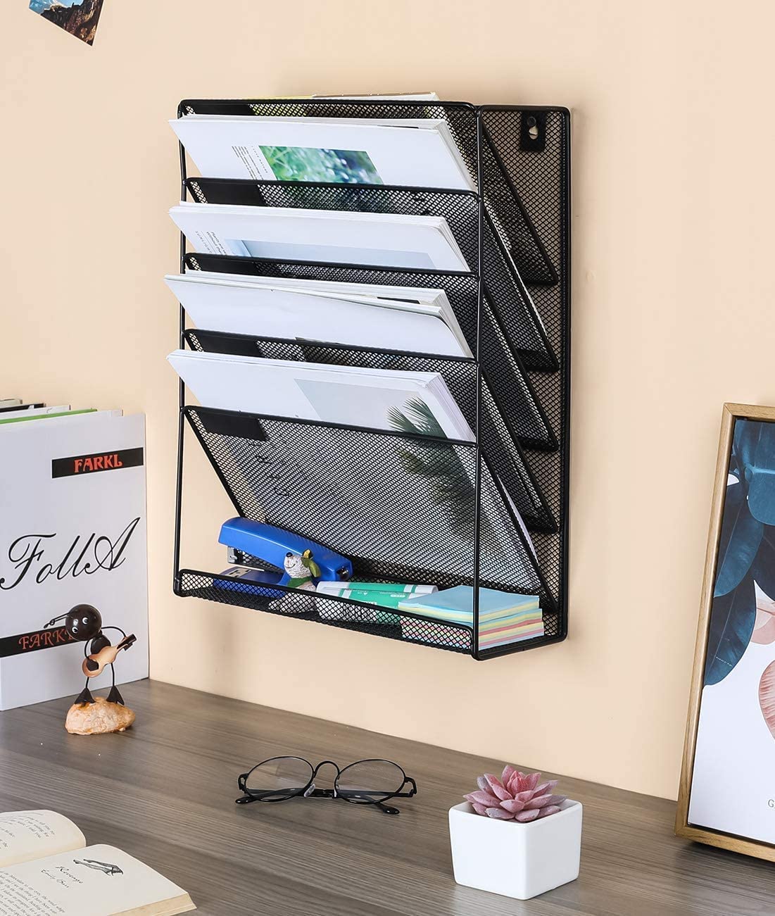 NETXE 5 Pockets Mesh Wall File Holder Organizer Office Hanging Magazine Rack, File Folder Organizer Document Paper Rack,Black 3