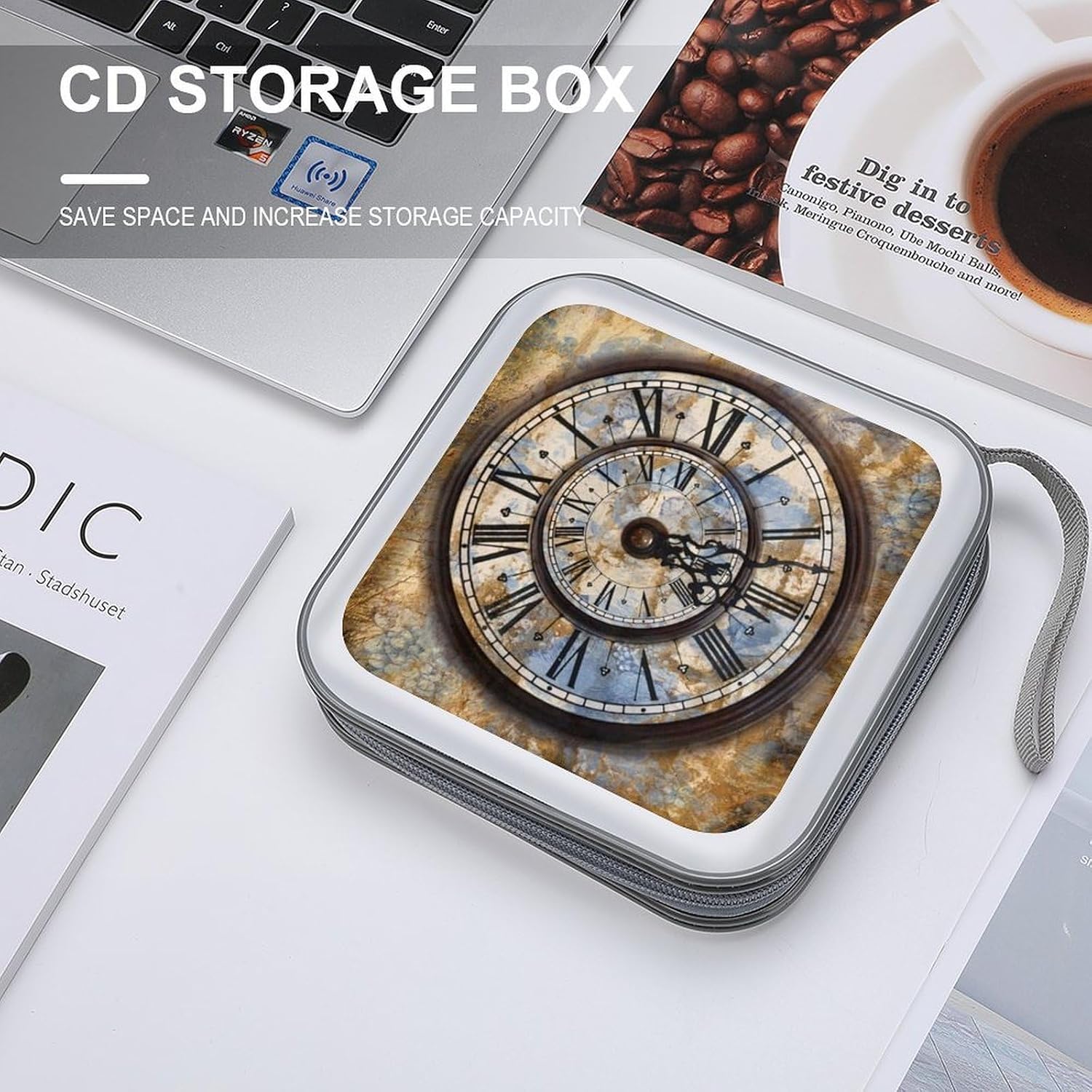 Steampunk Clock CD Case Holder 40 Capacity DVD Case Wallet Portable Hard Plastic Disc Cases Storage Binder Large Storage Disc Wallet Bag with Zippers for Car Home Office Travel