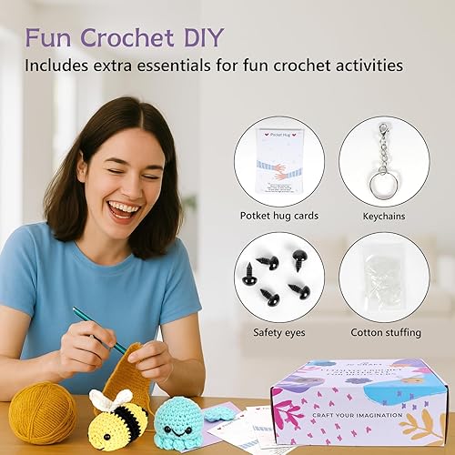 Miniatura 8 de JC Craft Kit de ganchillo para principiantes - Juego de iniciación de 81 piezas con 15 hilos coloridos, ganchos ergonómicos, suministros completos,