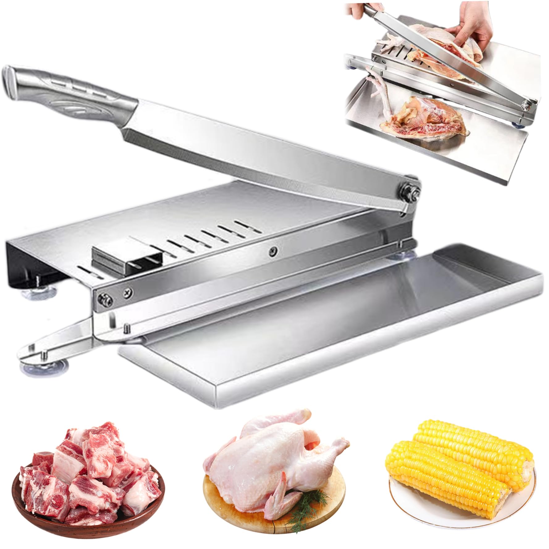 Affettatrice manuale acciaio inox, bilancia e vassoio per alimenti, taglia carne, manico antiscivolo e ventosa, cucina