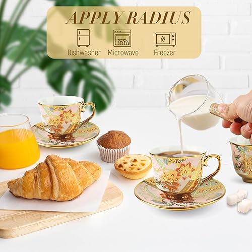 Miniatura 5 de Juego de 6 tazas de té y platillos, juego de té floral vintage de porcelana para expreso, café, moca, capuchino, fiesta de té de la tarde para