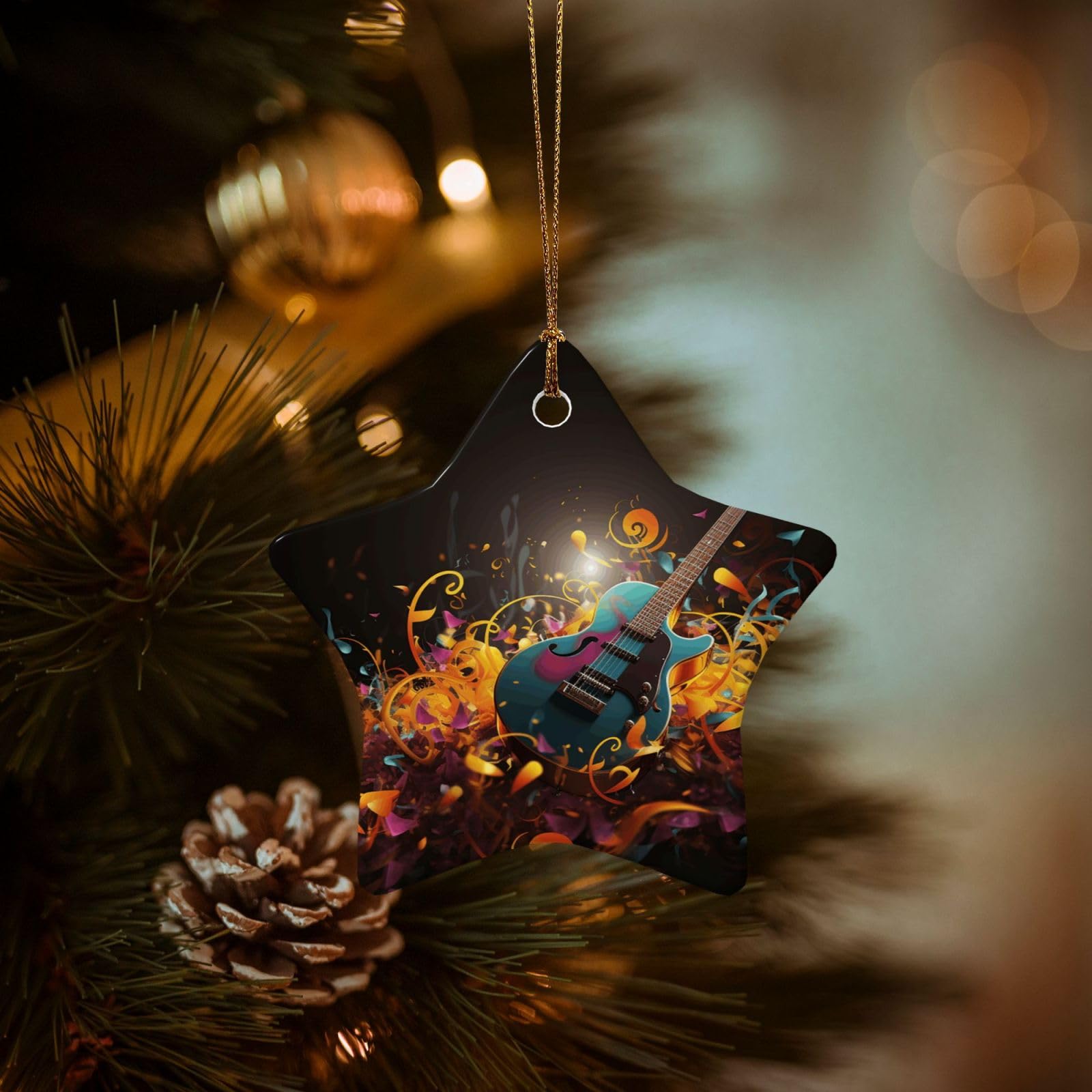 Christmas Ornaments for Christmas Tree Decoration Hanging Music Background Ornament with Gold Ribbon Crafts Star Shape Ceramic Pendant for Keepsake Gifts Xmas Decor Party Supplies