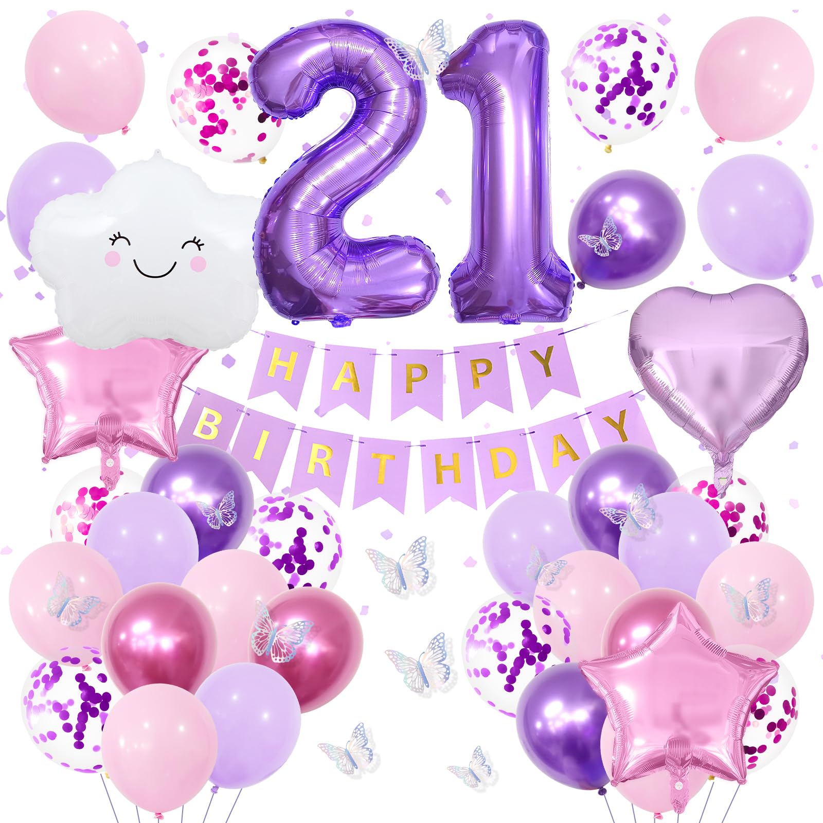 21st Purple Birthday Decorations for Girls, Pink Purple Party Decor with Number 21 Balloon, Butterfly Stickers, White Cloud Balloon, Star & Heart Foil Balloons, Birthday Banner Party Supplies