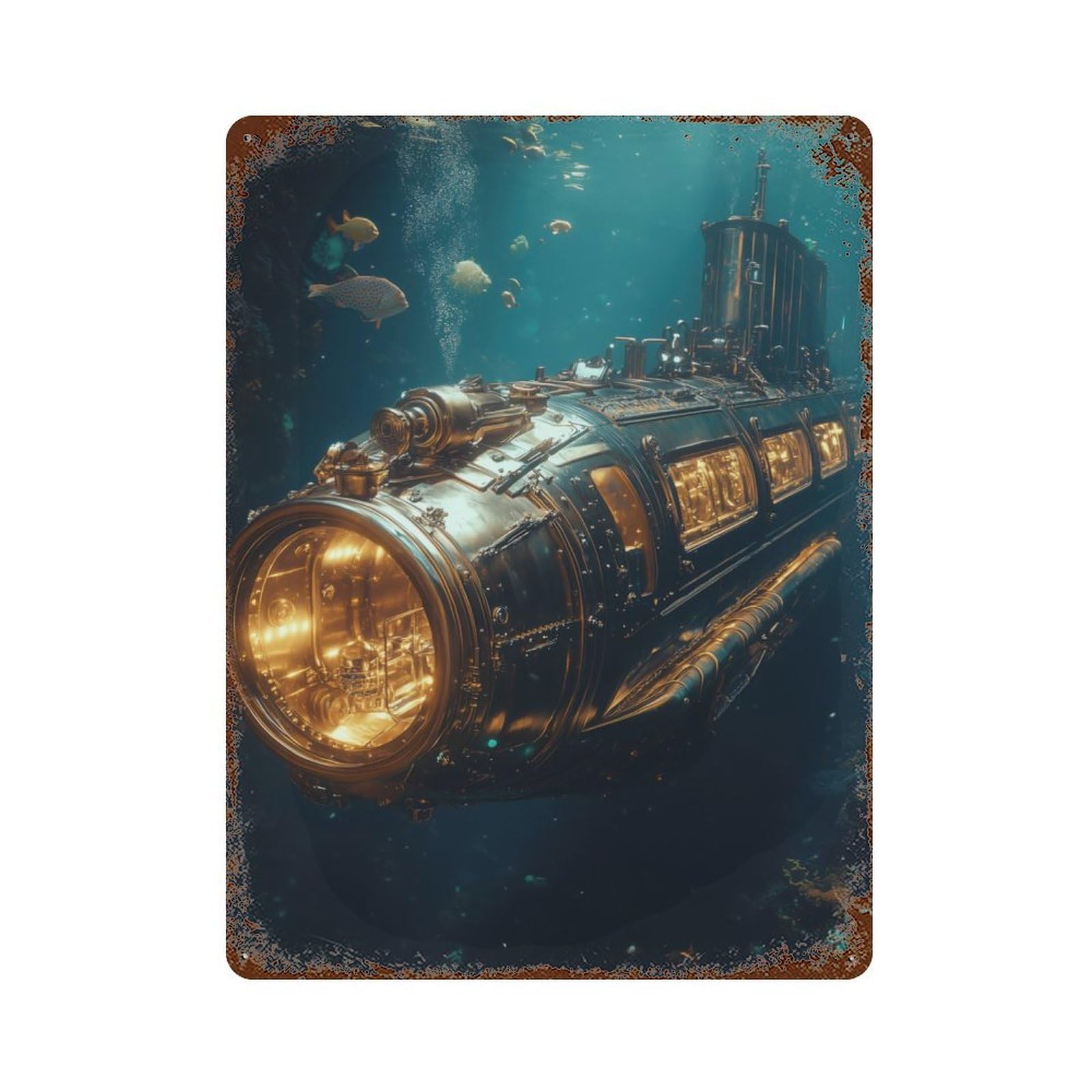 Steampunk Submarine 15.7"x11.8" Rusty Metal Tin Sign, Novelty Wall Decor for Cafe, Home Bar And Lounge Decor