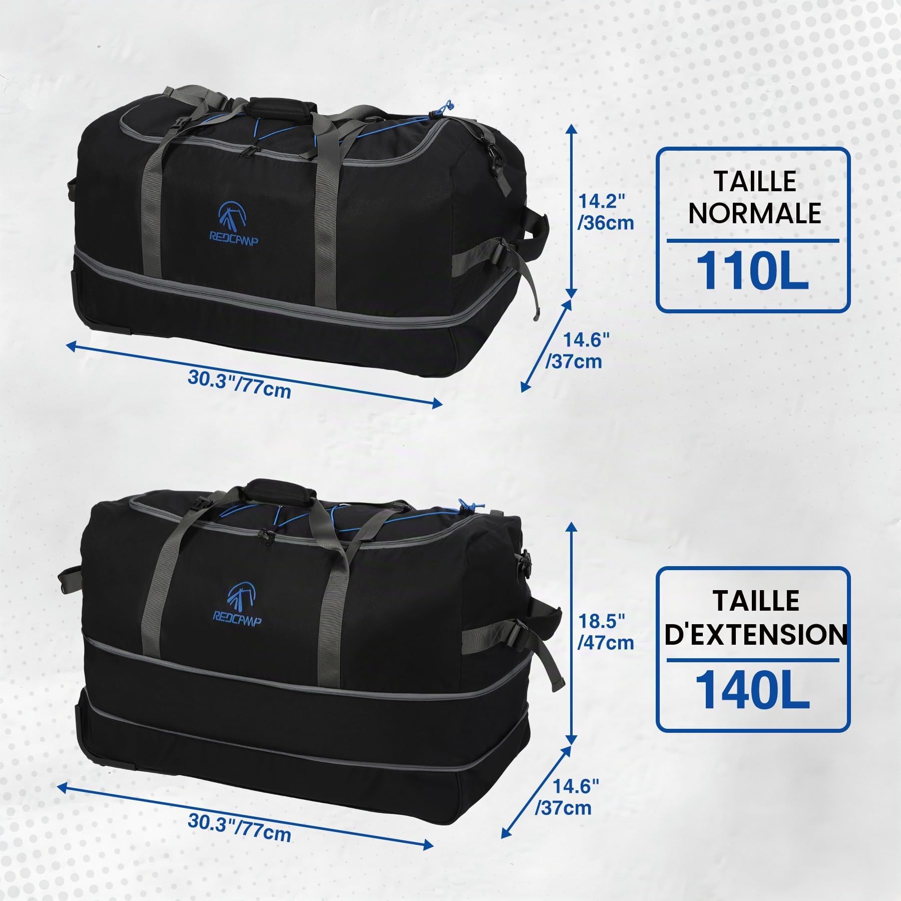 REDCAMP 110-140L Sac de Voyage à roulettes Extensible | Transport Main/Épaule/Traîné | sans Tige Télescopique - Pliable et Compact | Grand Sac Duffle pour Sport, Camping, Randonnée, Voyage - Noir