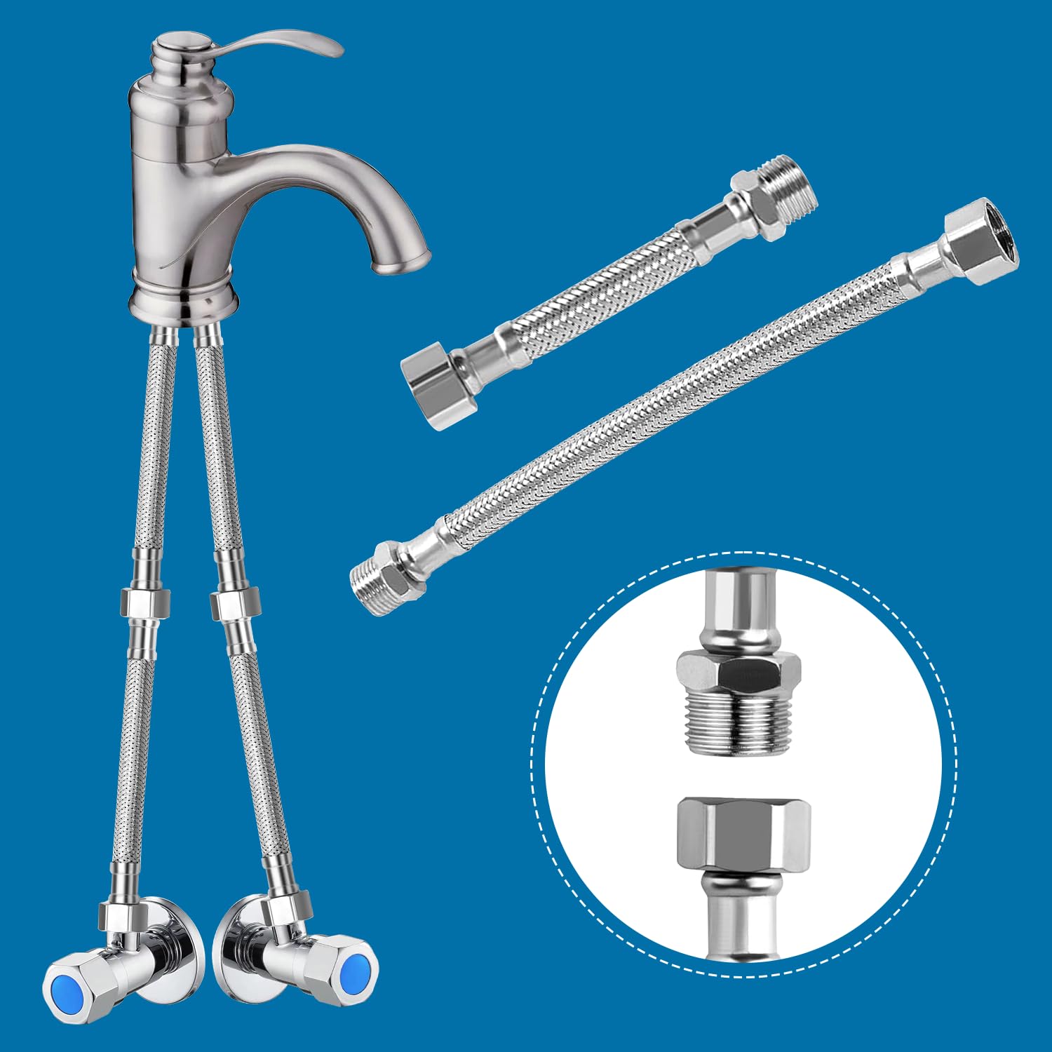 Set 4 Pezzi Tubo Flessibile Acciaio Inox,304,G3/8 (2x20cm + 2x10cm) per Cucina Bagno Giardino - Multiuso Rubinetto Lavatrice Miscelatore Collegamento Idrico