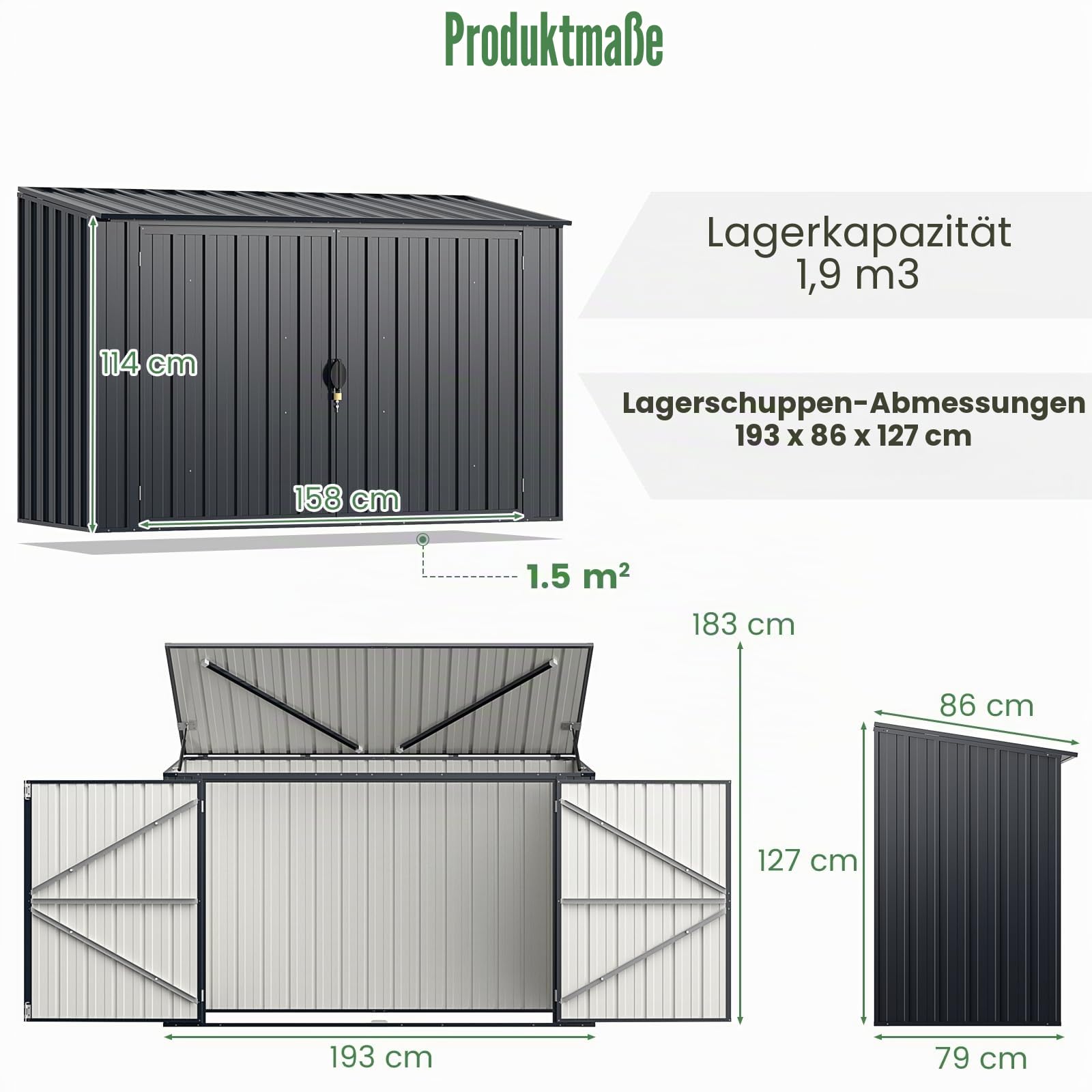 HOMASIS Mülltonnenbox für 2 x 120 L Mülltonnen, 1,9 m³ Gerätehaus Metall, wetterfest Geräteschuppen mit Doppeltür & Klappdeckel, abschließbar Gartenbox Müllbox dunkelgrau, inkl. 2 Handschuhen, Grau
