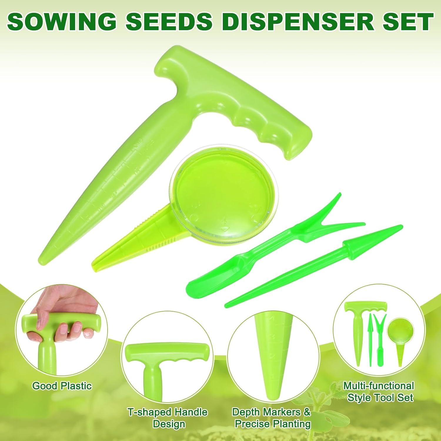 M METERXITY 1-Set Sowing Seeds Dispenser, Plastic Adjustable Hand Planter Seeder Tool Seedlings Dibber and Widger for Transplanting/Flower Planting, Small Gardening Tools [Dark Green] image 2