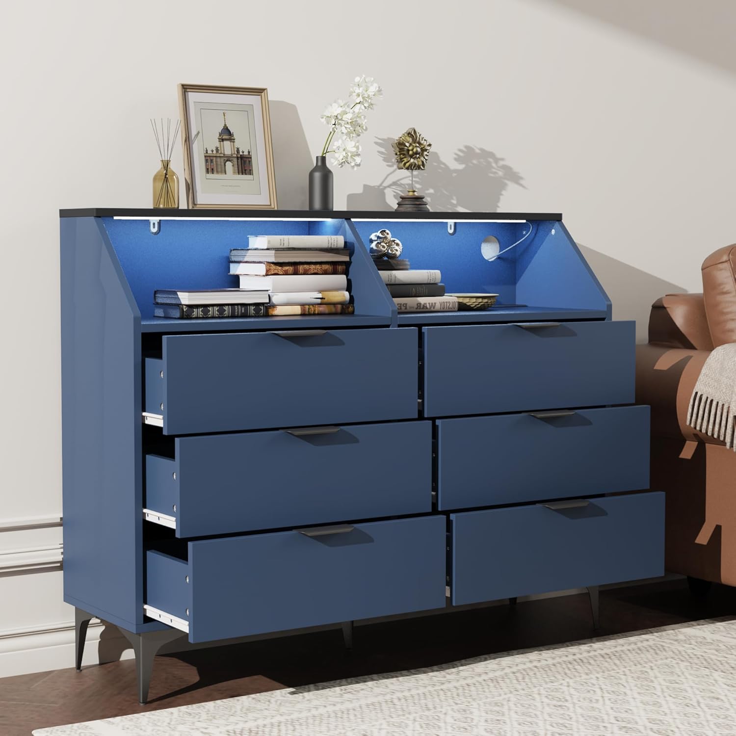 6 Drawer Dresser for Bedroom with Charging Station and LED Lights, Modern Double Dresser, Large Chest of Drawers with Open Space, LED Storage Cabinet for Living Room (Blue-Silver)