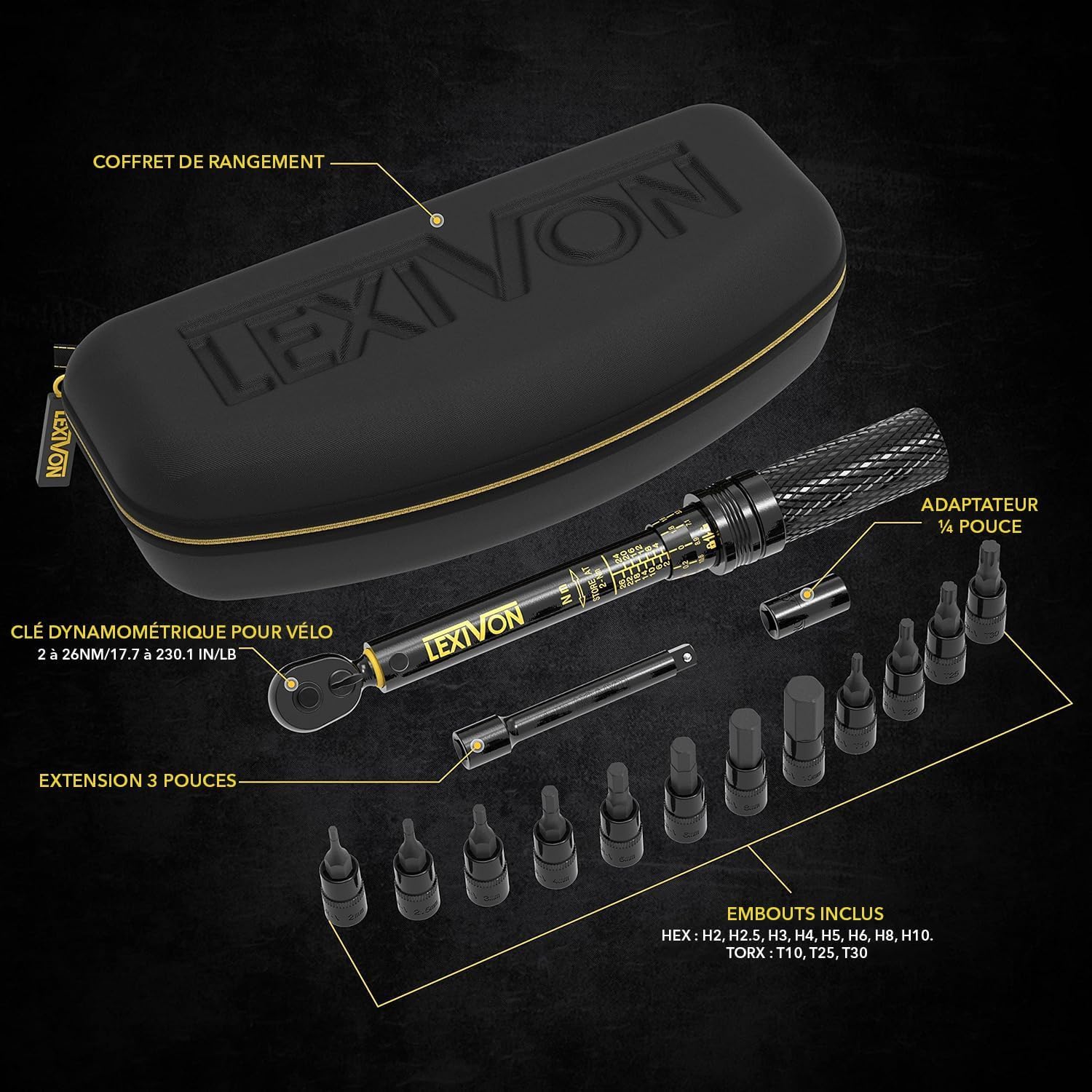 LEXIVON Cle Dynamometrique Velo 1/4, 2-26Nm CW (±4%) CCW (±6%), Clé Dynamométrique Moto, Embouts Torx, Barre d'Extension, Adaptateur Douille Inclus - Clef Dynamometrique (LX-191)