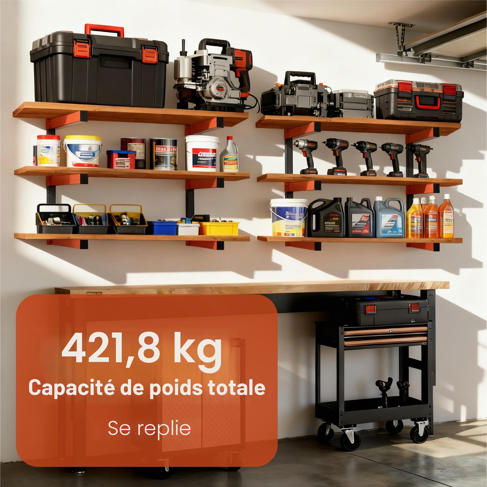 Rack de Rangement pour Bois 4PK, Support Mural Haute Résistance | Racks Métal Orange Contiennent Contreplaqué, Planches & Bois, Rangement Gain Place Atelier & Garage