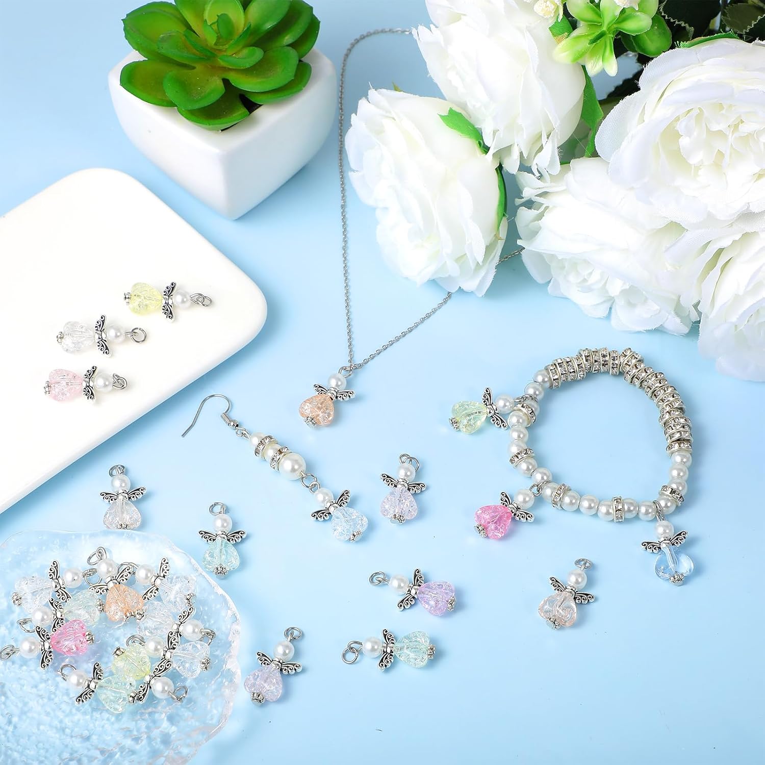 30 PCS Angel Charms, Angel Wing Charms for Crafts Mixed Metal Small Angels Wings Pendants with Heart White Pearl Beads Guardian Charm for Jewelry Making DIY Necklace Bracelet Earring Craft Decoration - Image 4