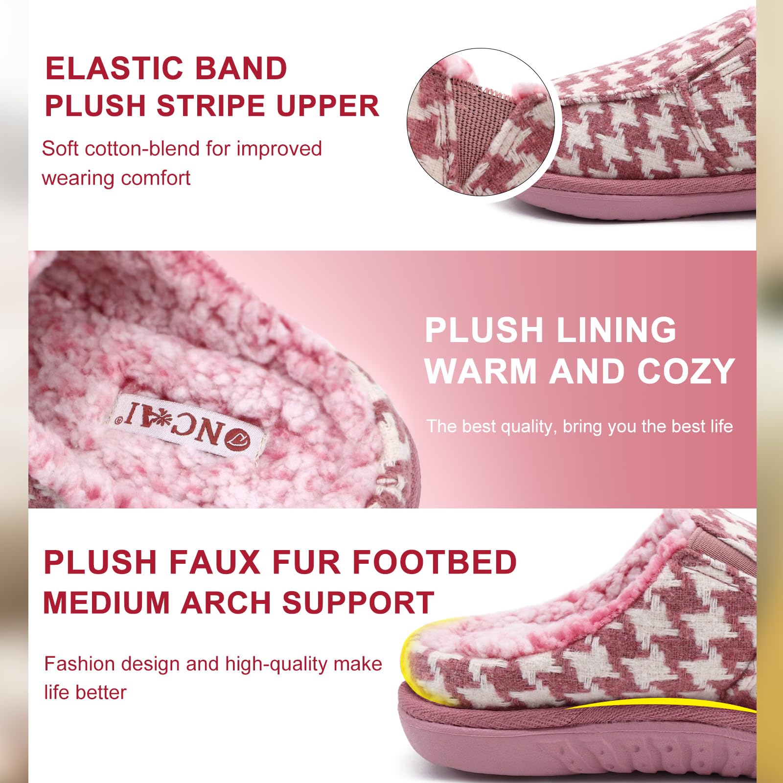 ONCAI Pantofole Donna Peluche Tessuto di Lana Houndstooth Misto Cotone Morbido Memory Foam Comode Plaid Pelliccia sintetica Ciabatte da casa Interno Esterno Tappetino Yoga Suola di Gomma Taglie 35-42
