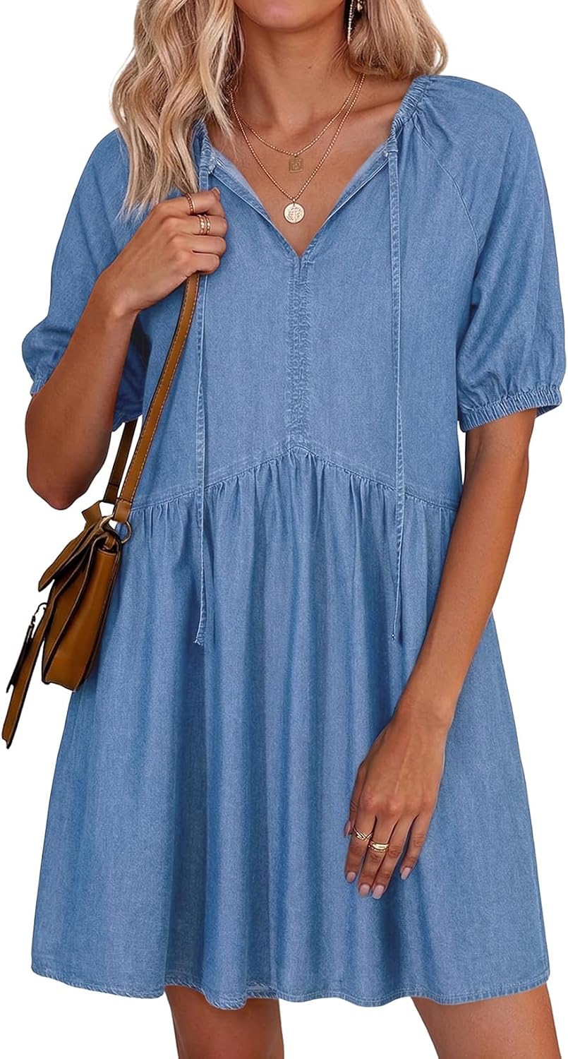 Dokotoo Denim Dress Women Short Puff Sleeve V Neck