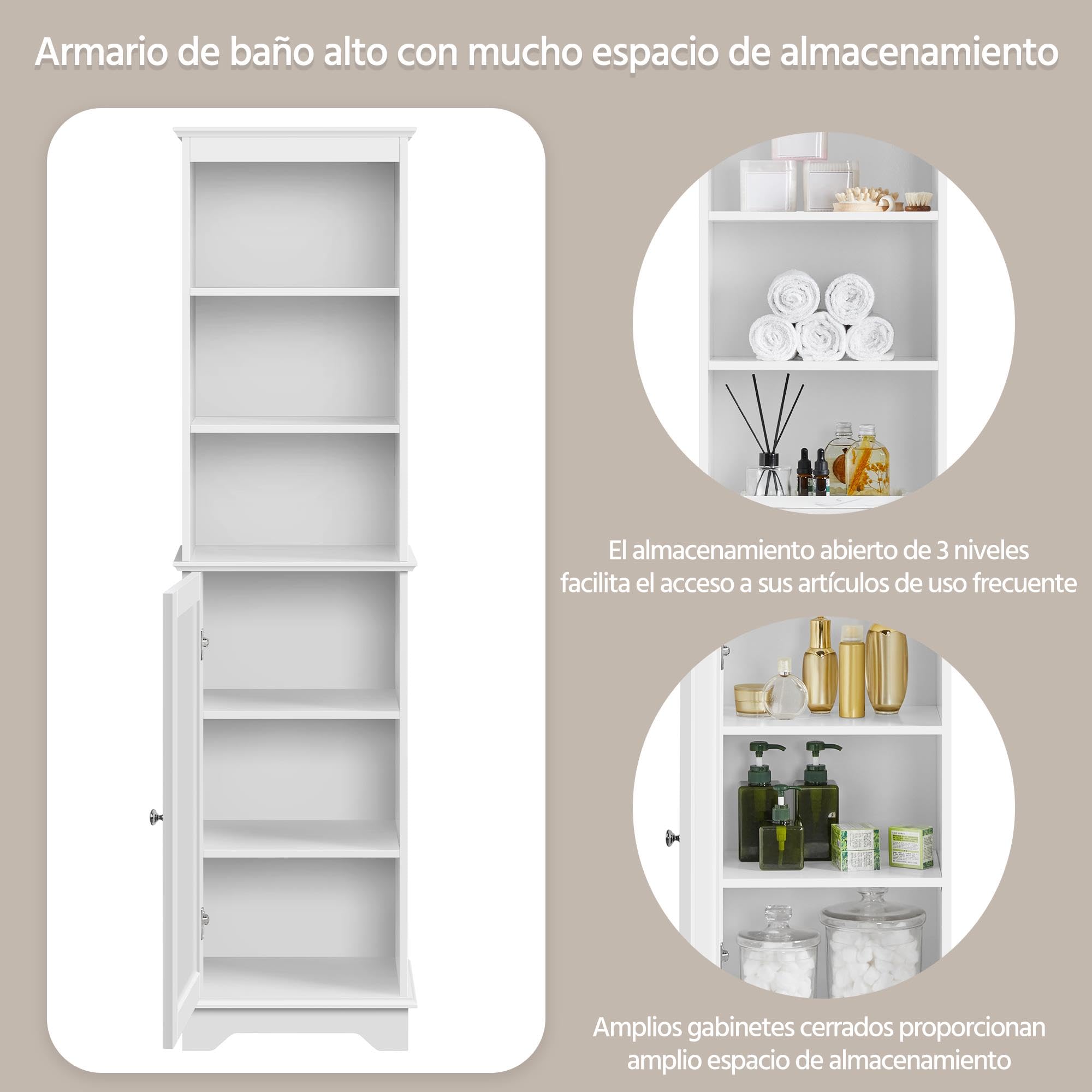 Yaheetech Armario Alto Baño Mueble Auxiliar de Baño 40x30x153 cm Blanco | con Estantes Ajustables Armario de Cocina con Puerta Armario Estrecho